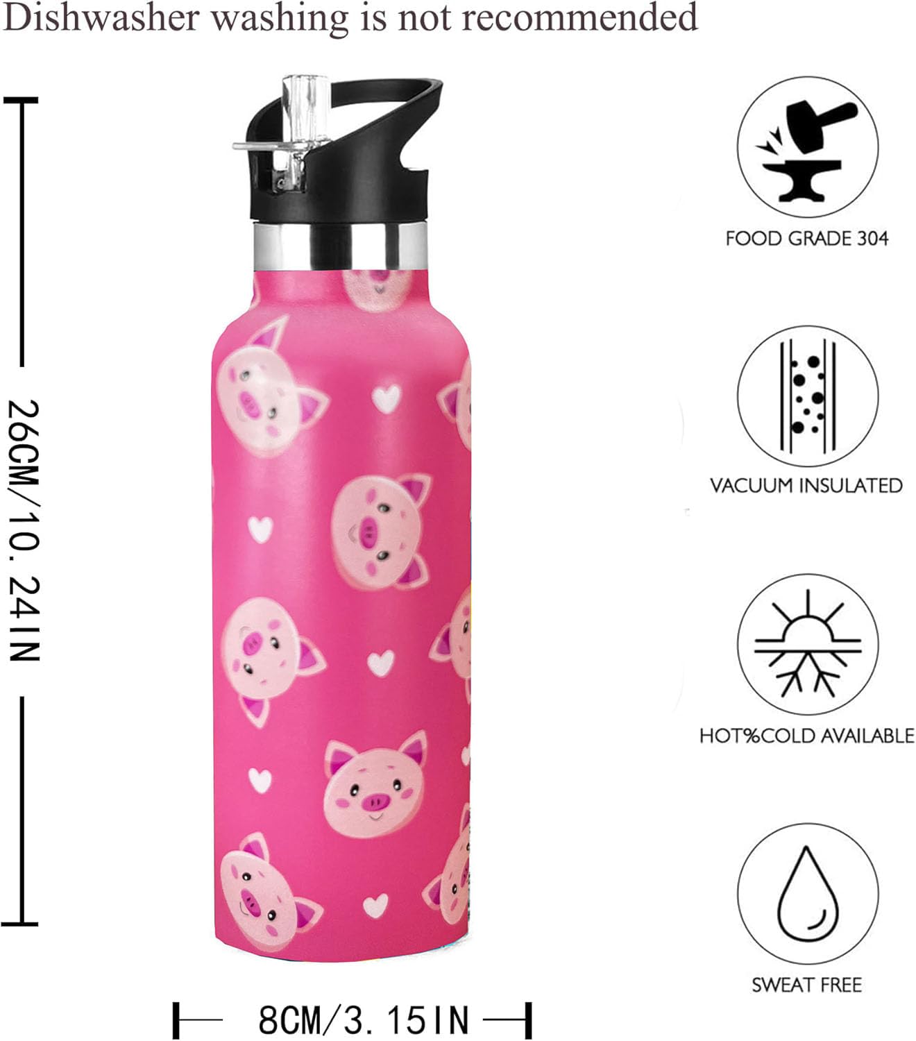 Pig Water Bottle Kids Travel Mugs With Straw Insulated Stainless Steel Travel Mugs Tumbler