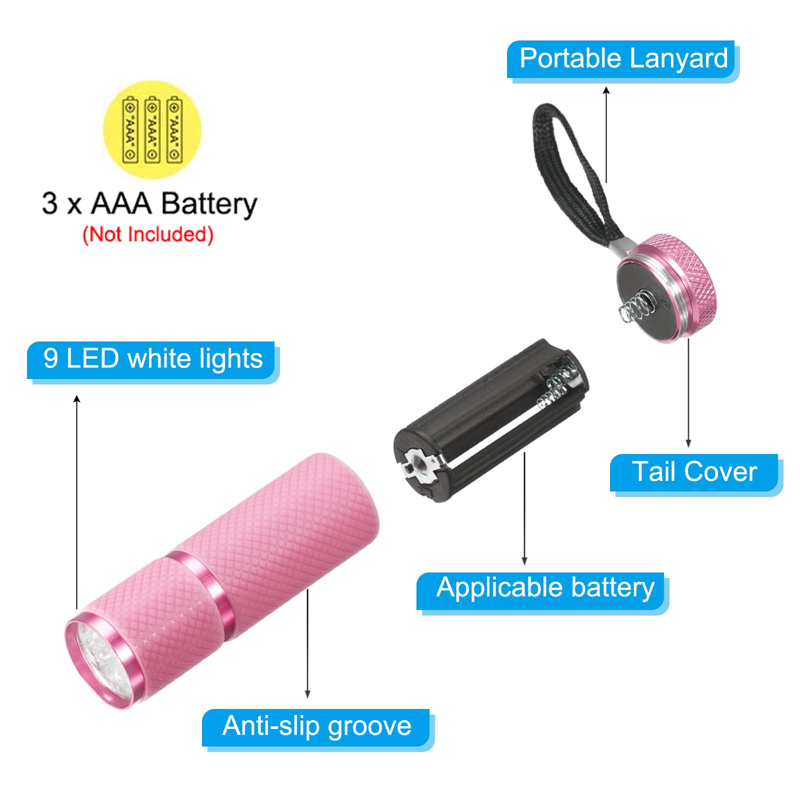 Patikil 9 Led Glow In Dark Flashlights, Mini Aluminum Flashlight Rubber Coated Flashlight With Strap For Camping, Hiking, Party, Pink