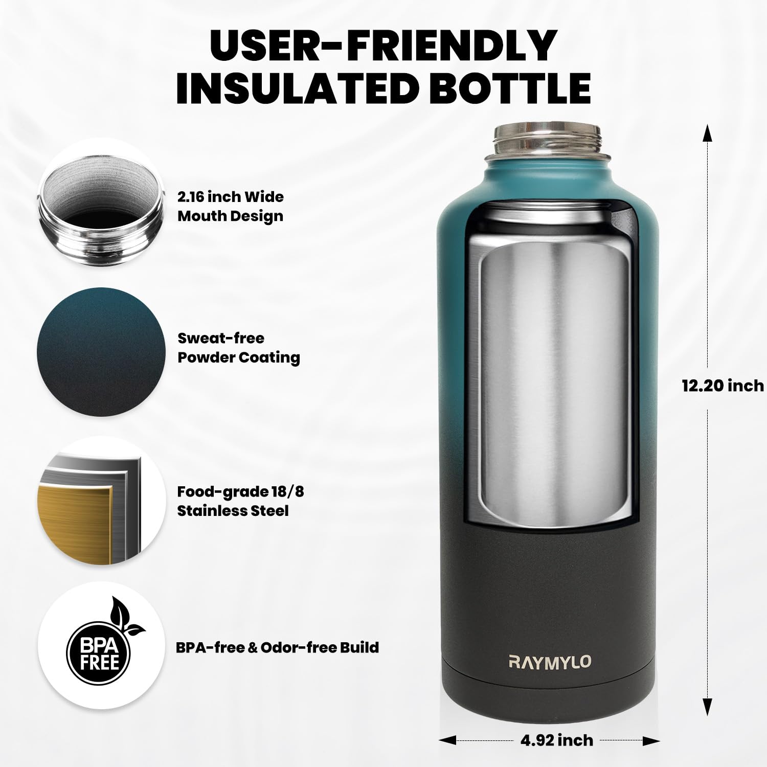 Insulated Water Bottle, Triple Wall Vacuum Stainless Steel (Cold For 48 Hrs), Leak Proof