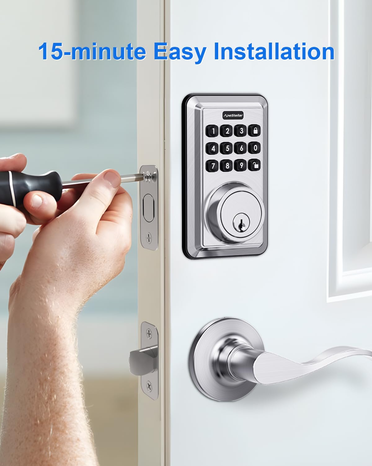 Apestellar Keyless Entry Door Lock With 2 Lever Handles - Electronic Keypad Deadbolt - Front Door Lock Handle Sets - Auto Lock,Anti-Peeking Password, Easy Installation - Satin Nickel