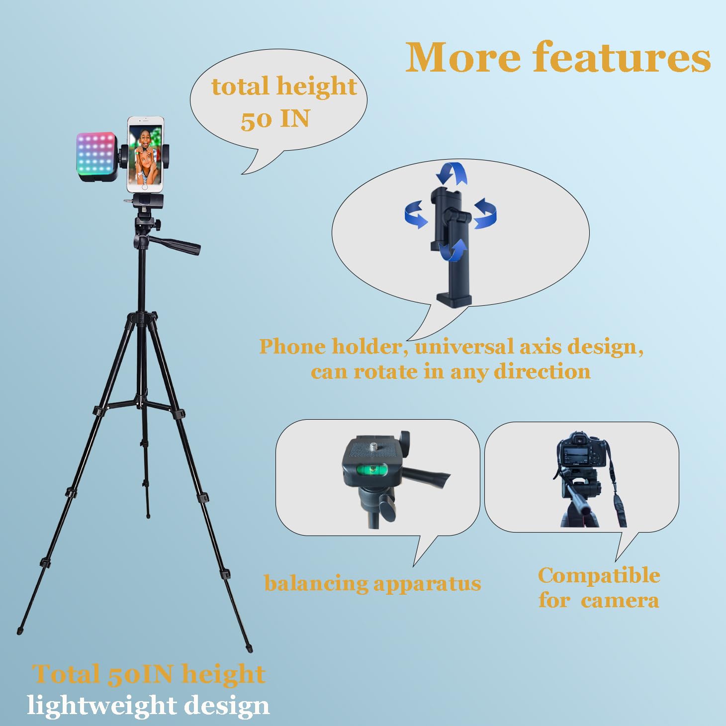 Litchitech Vlogging Kit For Iphone, Vlogging Kit For Andriod Phone, Content Creator Essentials W/Rotatableholder/Lavalier Mic/Rgb Light/Remote/Extendable Tripod (50In Tripod)