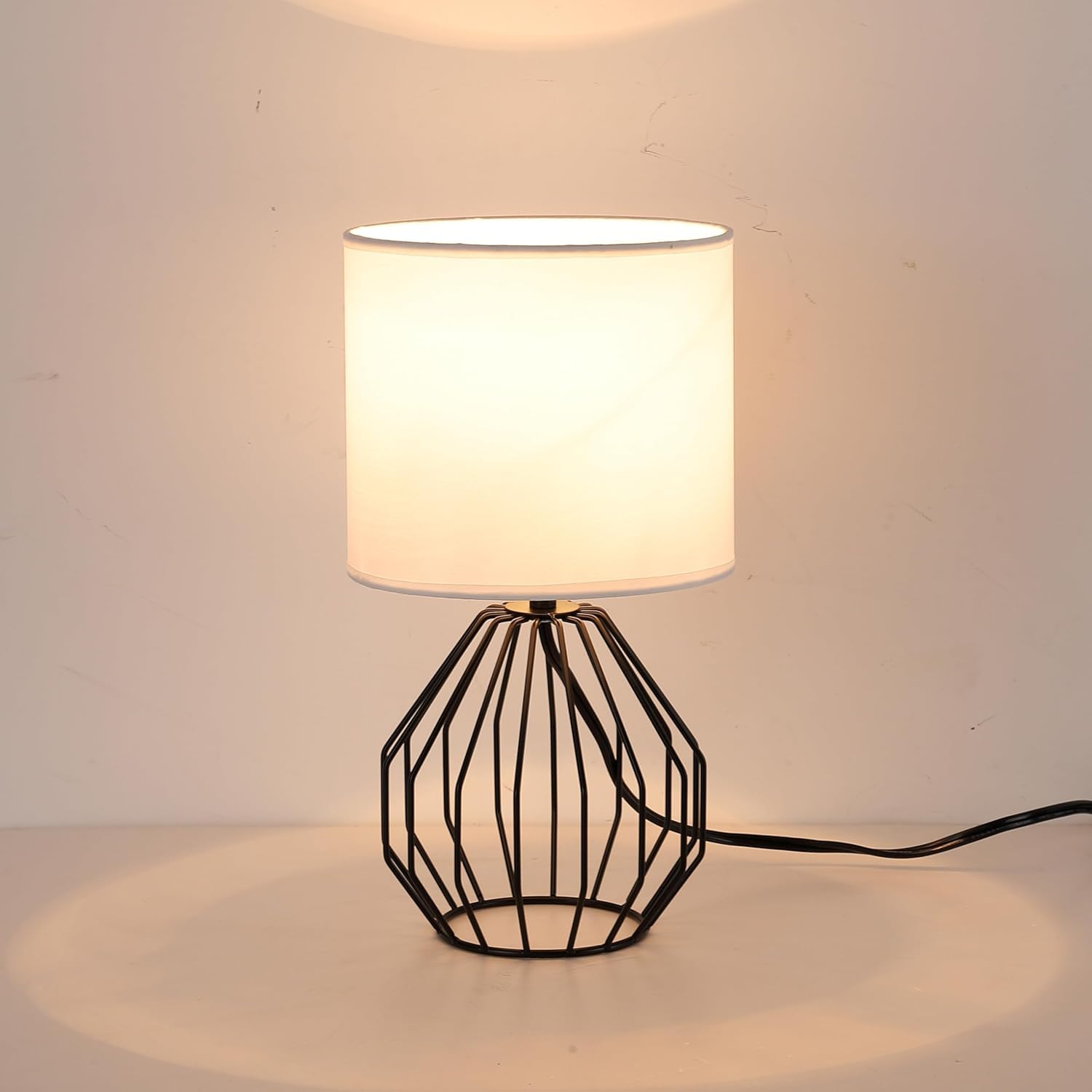 Krasty Small Black Table Lamp,Bedside Nightstand Desk Lamps With White Fabric Shade, Hollow Metal Base,Modern Geometric Lamp For Bedrooms,Living Room,Office,Entryway,Coffee Table,Kids Room