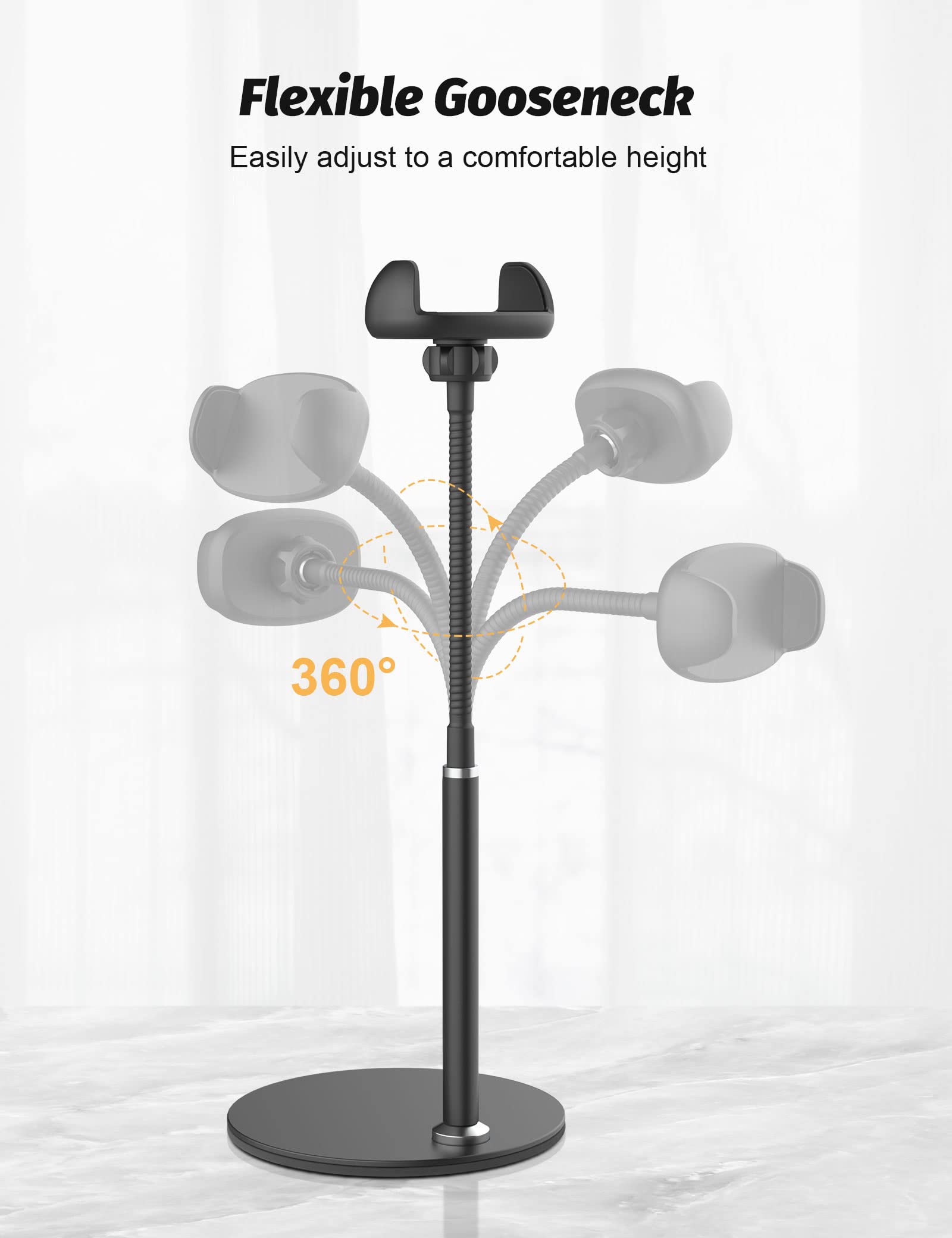 Klsniur Cell Phone Stand, Adjustable Height & Angle Gooseneck Stand For Desk Flexible Arm Universal Holder, Aluminum Alloy Desktop Recording Compatible With 3.5"-7" Device (Black)