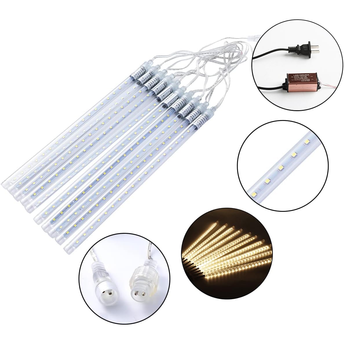 Ygloworm Christmas Lights Outdoor Icicle Lights Meteor Shower 20 Inches Rain Light For Tree Courtyard Garden Porches Window,Wedding Party, Warm White 10 Tubes 480 Led