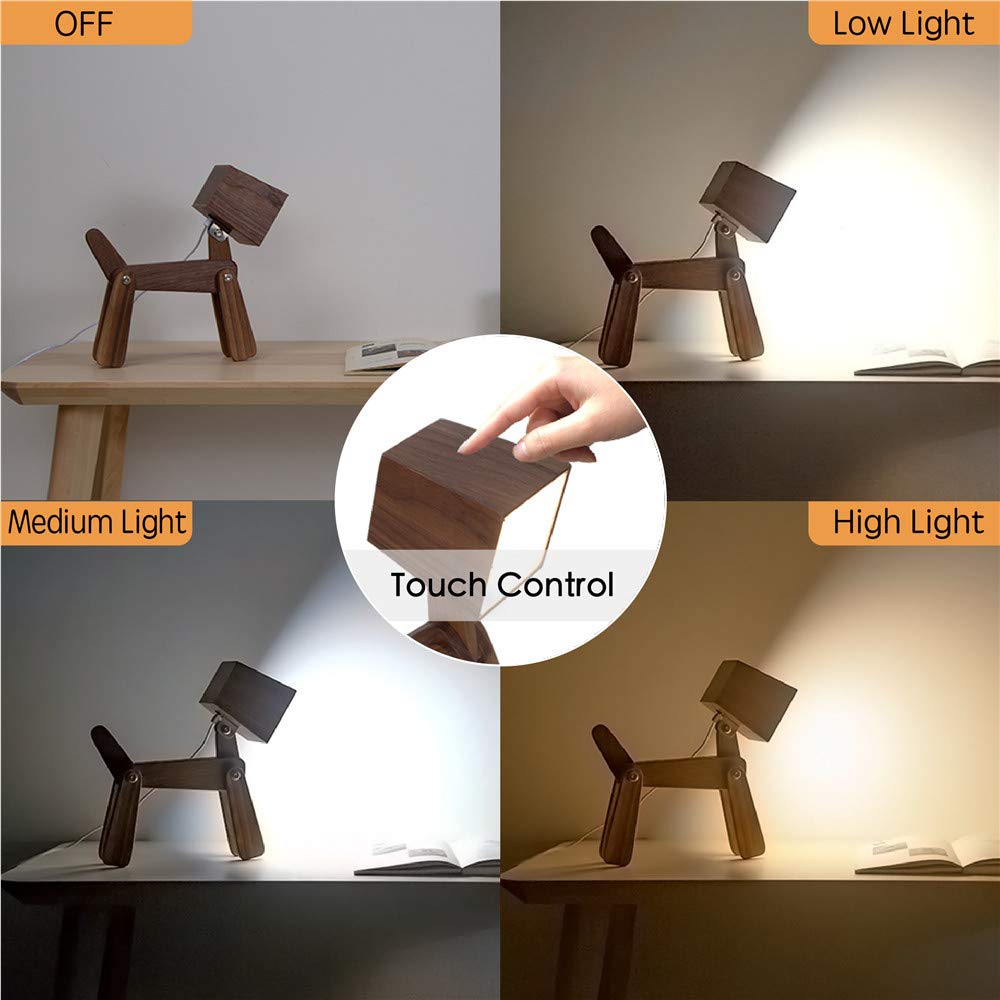 Hroome Super Cute Dog Table Lamp For Kids Room Bedroom Bedside - Dimmable Touch Control Wood Fun Unique Desk Lamp Warm White Light For Friends Boys Girls Dorm Farmhouse (Walnut Color)