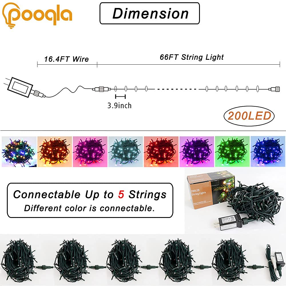 Pooqla Christmas String Lights, 200 Led 66 Ft Indoor & Outdoor Blue Fairy Lights, 8 Modes For Home, Yard, Patio, Wedding, Party & Halloween Decoration