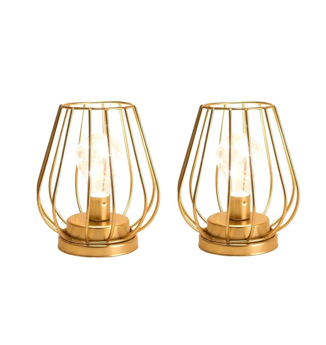 Trirocks Set Of 2 Metal Battery Operated Lamp 7'' Tall Cage Shape Cordless Table Lamp Battery Lanterns With Warm Fairy Lights Bulb For Patio Garden Wedding Parties Indoor Outdoor(Gold)