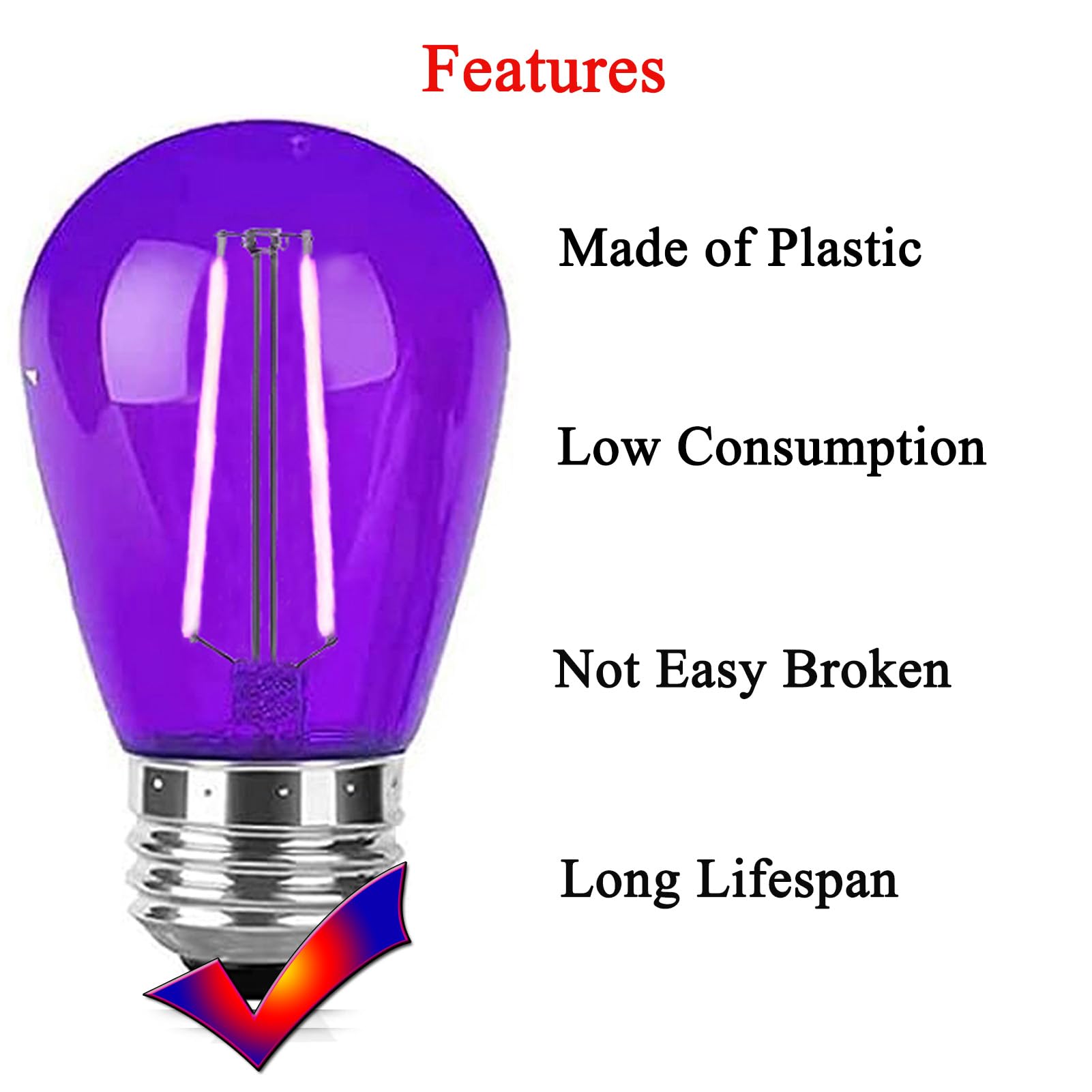 Lrsueyskin 15 Pack Purple Led Bulb S14 Replacement Light Bulbs 2W Plastic Shatterproof Night Bulb E26 Base Purple String Lights Waterproof Vintage Bulb For Halloween Christmas Wedding Party Patio, Purple