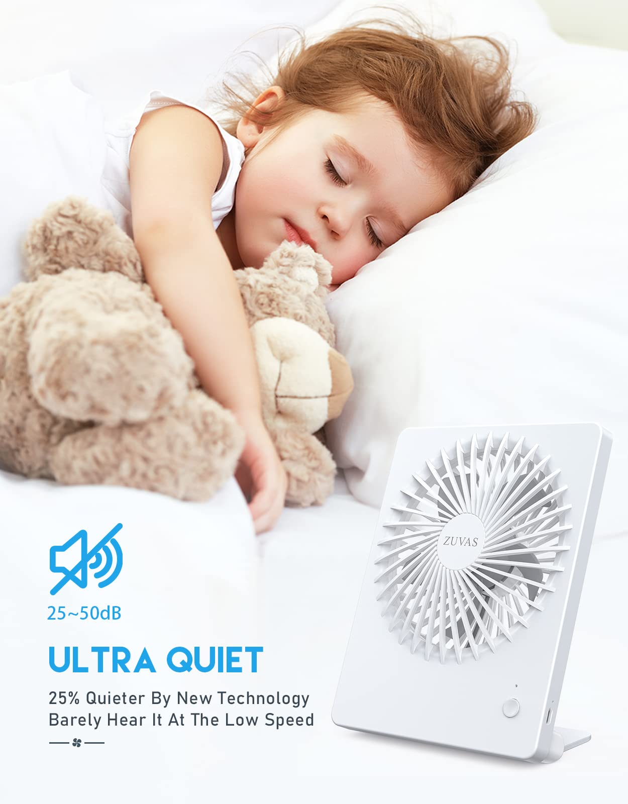 Small battery-operated Zuvas fan perfect for travel and personal use