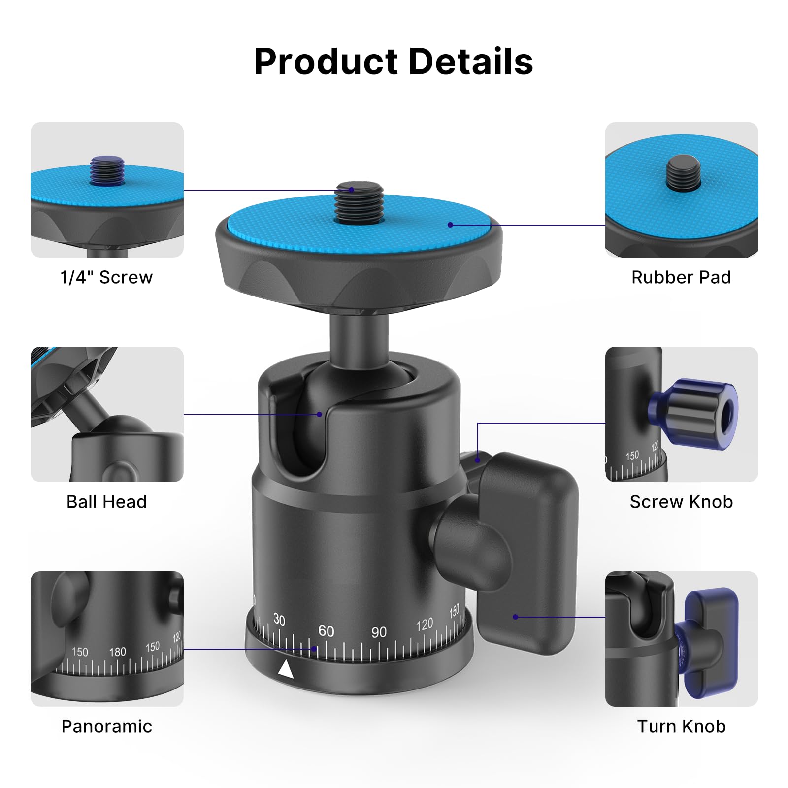 Rubesee Mini Ball Head, Panoramic Camera Tripod Head With 1/4" Screw Shoe Mount, 360 Rotatable Metal Adapter For Dslr Camera Tripods Monopods Camcorder Light Microphone Photography, Max Load 5.5Lbs