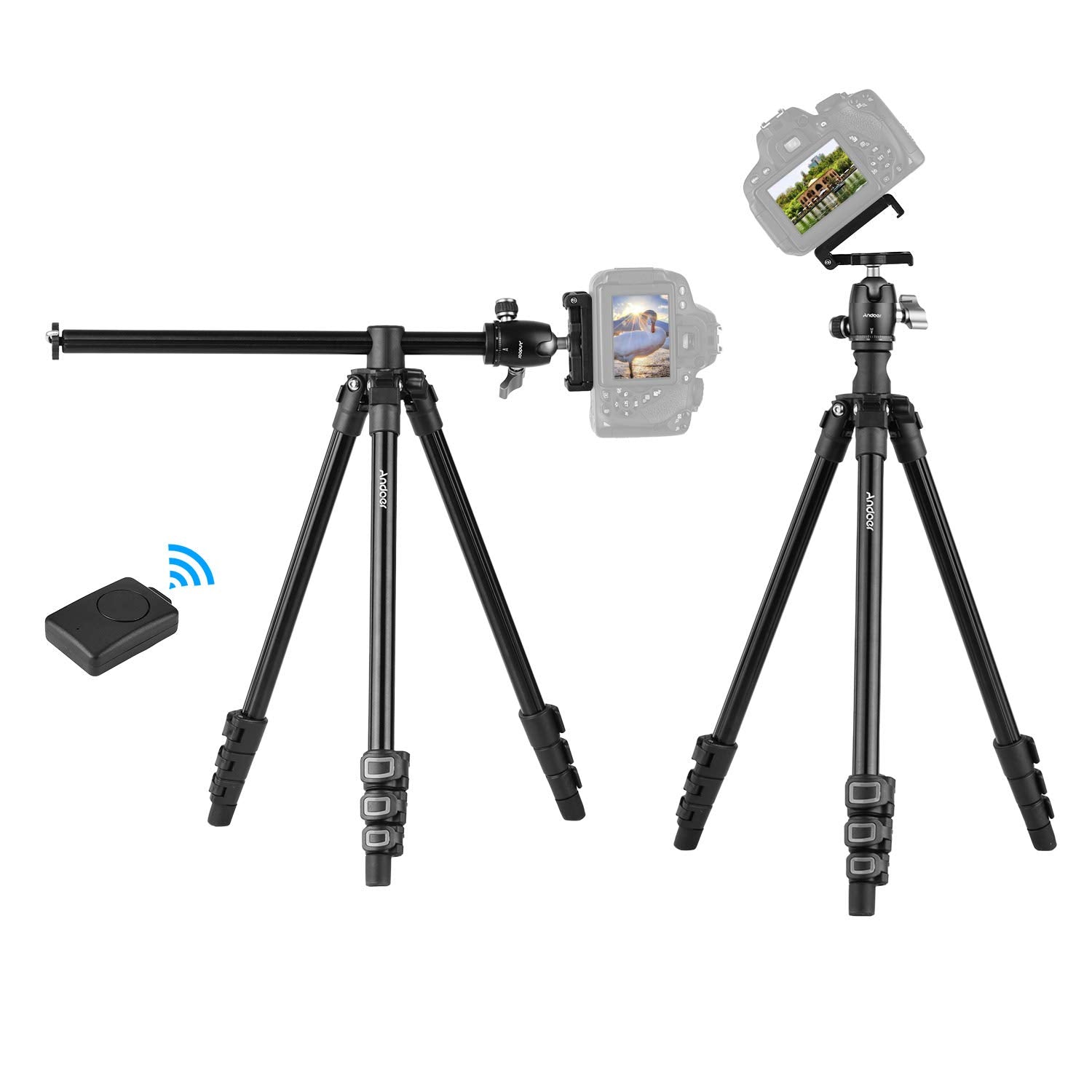 Andoer Camera Tripod Horizontal Mount Professional Travel Tripod With 360 Degree Panorama Ball Head Phone Holder Remote Control For Dslr Cameras Smartphones Compatible With Canon Nikon Sony
