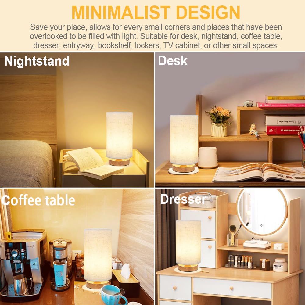 Uchenton Small Bedside Table Lamp For Bedroom, Minimalist Wood Base & Round Fabric Shade, Mini Cute Cozy Warm White Nightstand Boho Lamp, Study Desk Night Stand Light For Room, Dorm, Nursery, Living Room
