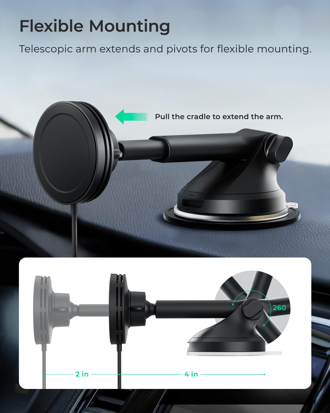 Iottie Velox Qi2 Mini 15W Wireless Charger Car Mount - Dash & Windshield Car Phone Holder - Magsafe Compatible Iphone Mount For Qi2 Smartphones (Iphone 12, 13, 14, 15, And 16) - Car Charger Included