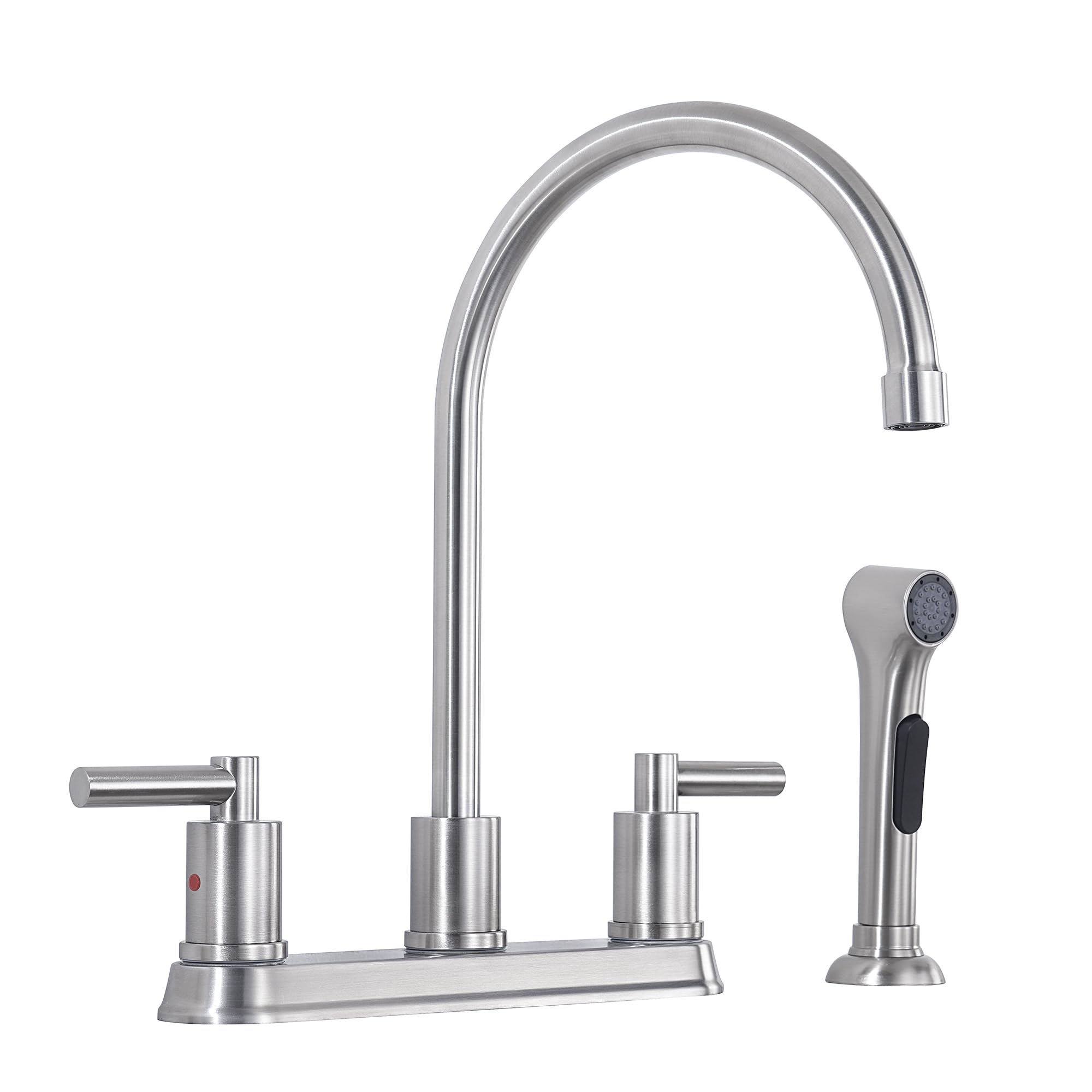 Arrisea 2 Handle Kitchen Sink Faucet With Side Sprayer, Two Handle 4 Holes 8 Inch Centerset Kitchen Faucets With 24 Inch Pull-Out Side Sprayer, Brushed Nickel Stainless Steel High Arc Kitchen Tap