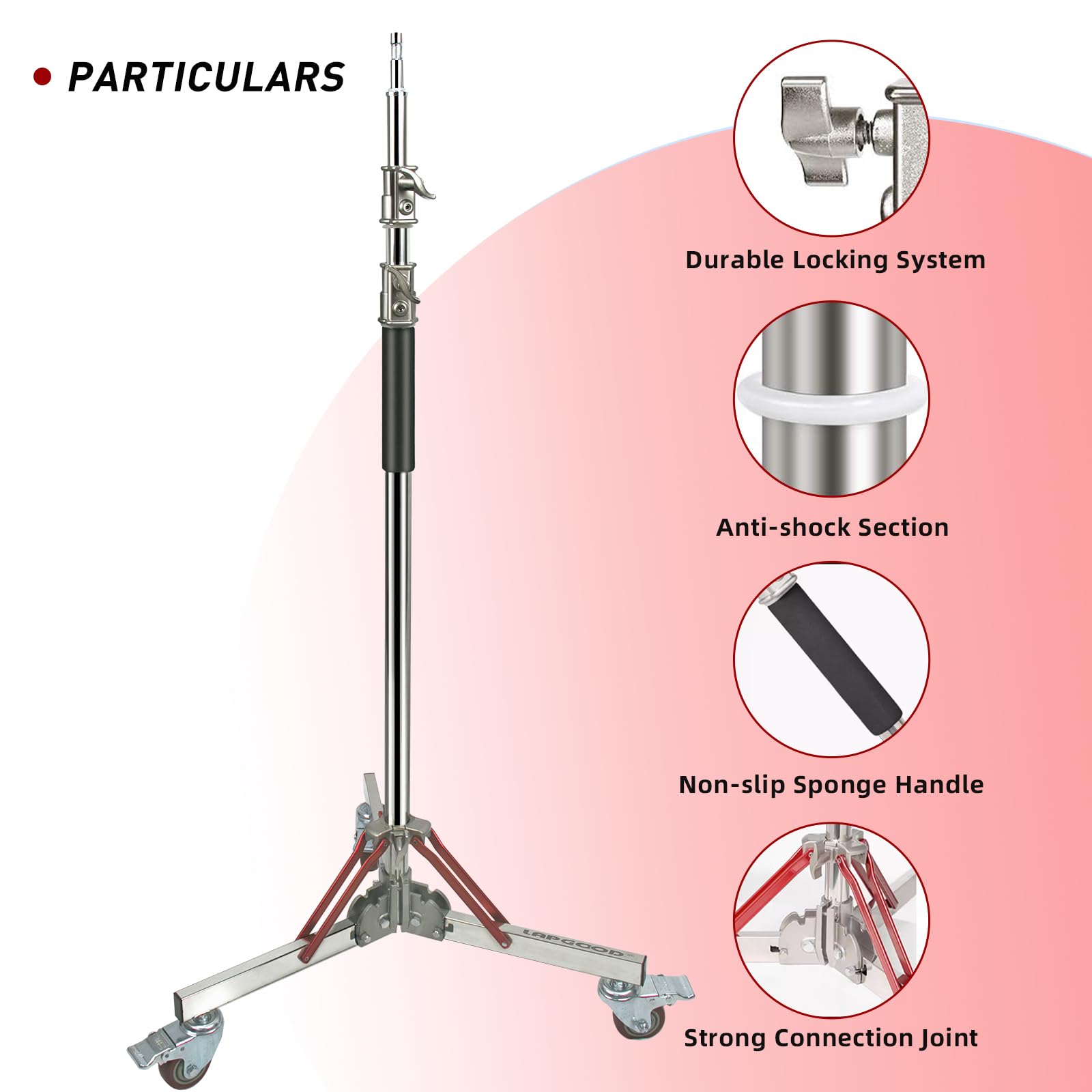 Lapgood Heavy Duty Light Stand With Casters, Adjustable Tripod Stand With 100% Stainless Steel, Photography Wheeled Base Stand For Studio Softbox, Monolight, Reflector, Max Height: 10Ft/305Cm