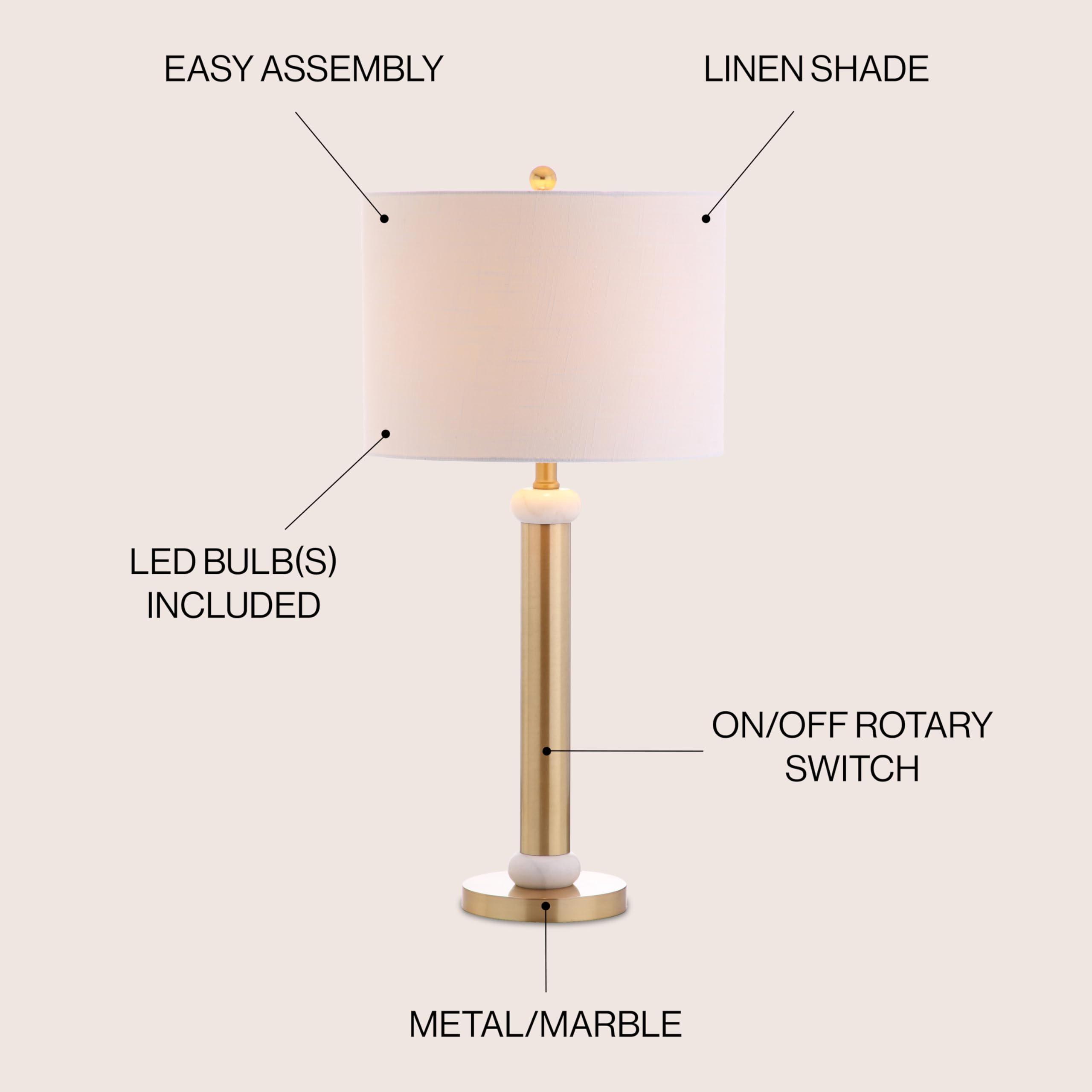 Jonathan Y Jyl1087A Gregory 27" Metal/Marble Led Table Lamp Contemporary Transitional Bedside Desk Nightstand Lamp For Bedroom Living Room Office College Bookcase Led Bulb Included, Gold/White