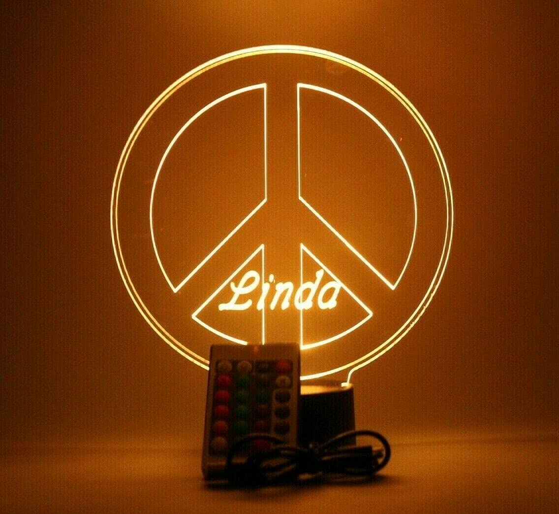 Mirror Mania Tranquility Serenity Harmony Peace Sign Light Up Table Desk Lamp Led Personalized Peace & Love Stand - It'S Wow, 16 Color Options With Remote, Dimmer, Engraved, Great