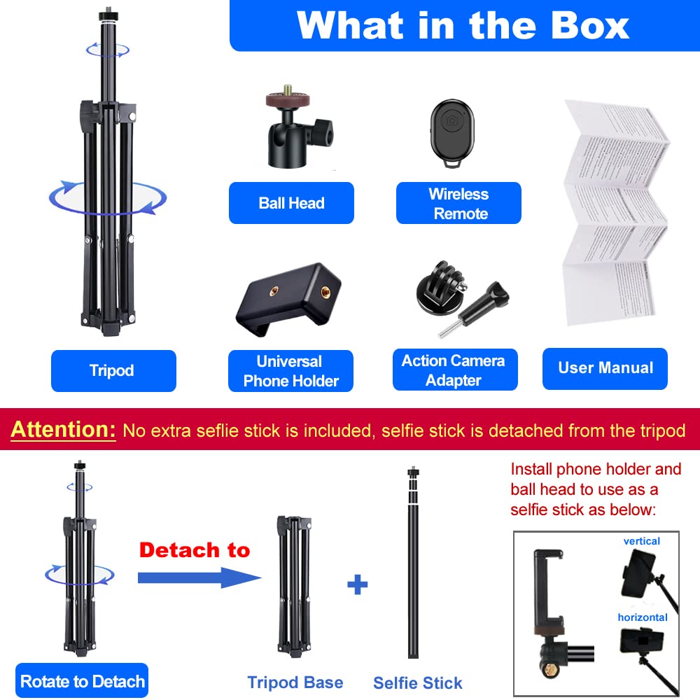 Dayleer Selfie Stick Tripod, 62 Inch Extendable Detachable Selfie Stick Tripod Stand With Remote For Iphone 15 14 13 12 Pro Max Samsung Galaxy S23 S22 S21