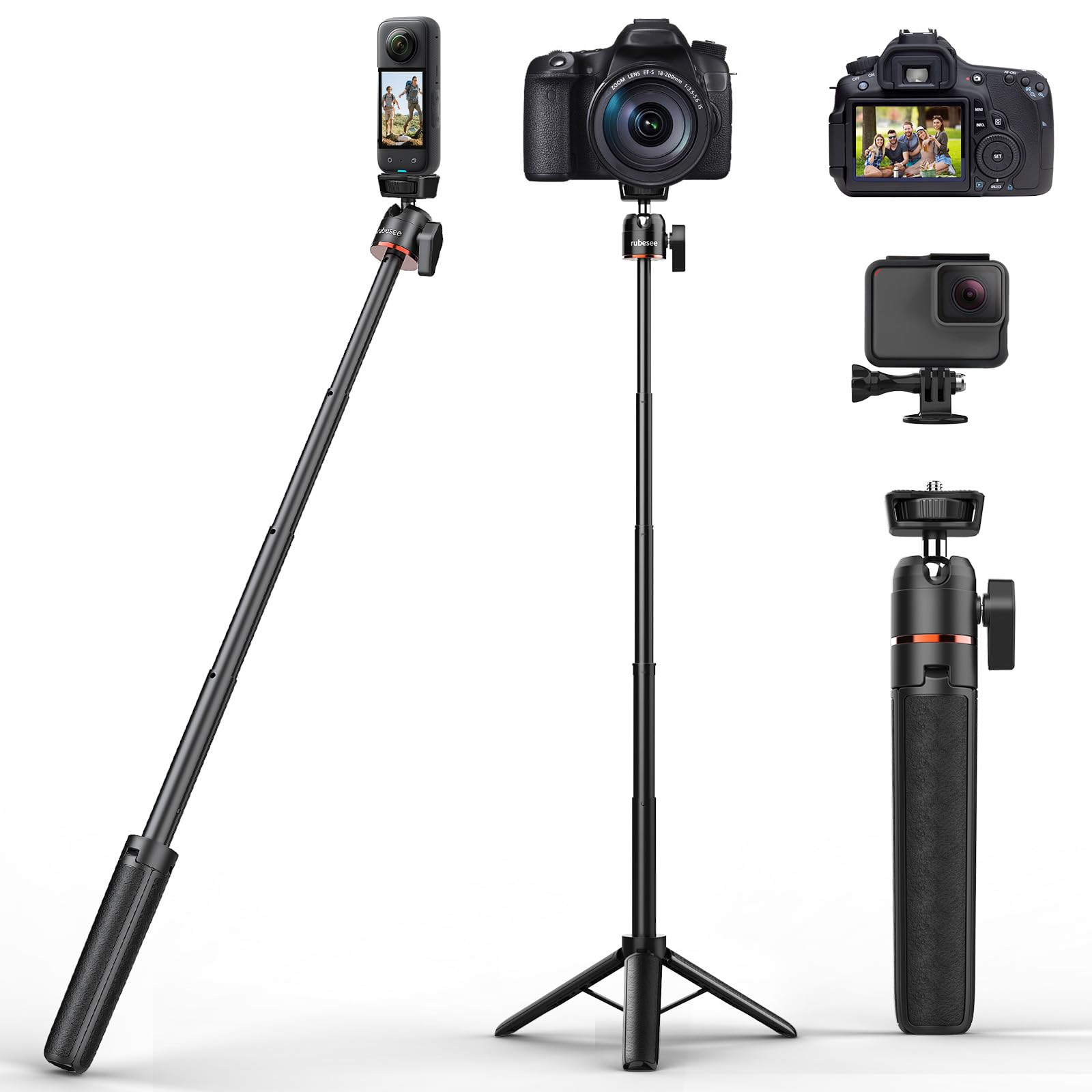 Rubesee Mini Tripod For Gopro Camera, 24.61"/62.5Cm Extendable Mini Tripod With 5 Levels Adjustment 360° Ball Head 1/4" Screw For Vlog Handle Grip Desktop Gopro Dji Osmo Action Camera