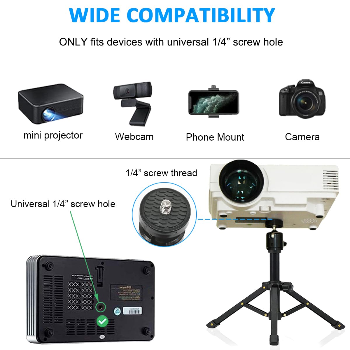 Jcwiny Mini Projector Stand, All Metal Mini Tripod Desktop Tabletop Stand Compact Desk Tripod For Mini Projector, Logitech Webcam, Iphone, Camera, Smooth 4, Osmo Mobile, Vimble 2