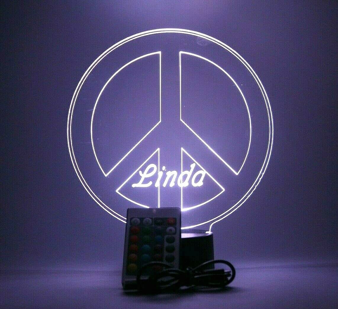 Mirror Mania Tranquility Serenity Harmony Peace Sign Light Up Table Desk Lamp Led Personalized Peace & Love Stand - It'S Wow, 16 Color Options With Remote, Dimmer, Engraved, Great