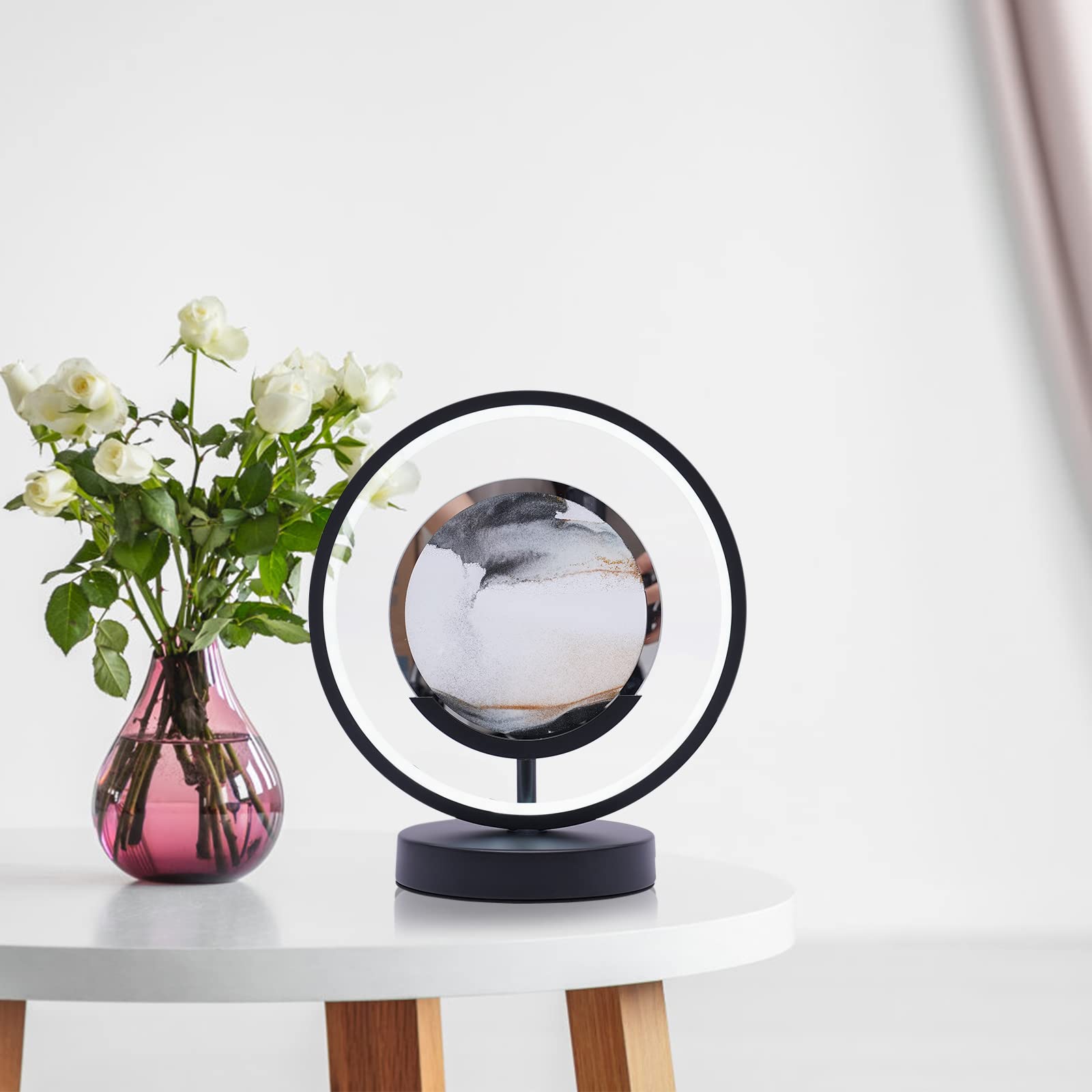Dyrabrest Round Nongmo Landscape Painting Style Table Lamp, Moving Sand Art Picture With Led Light, Dimmable Nightstand Lamp For Home Office Desk Lamp Decor