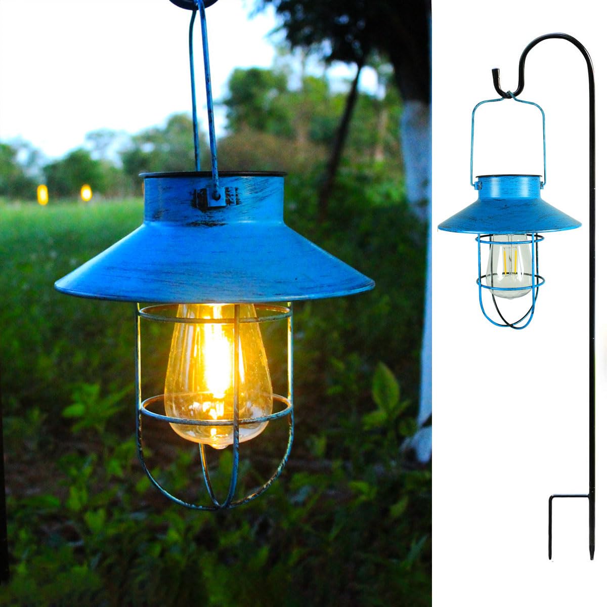 Eigreen 2 Pack Hanging Solar Lantern Lights With Shepherd Hook, Metal Waterproof Warm White Edison Bulb Lights For Garden Outdoor Pathway (Bule)