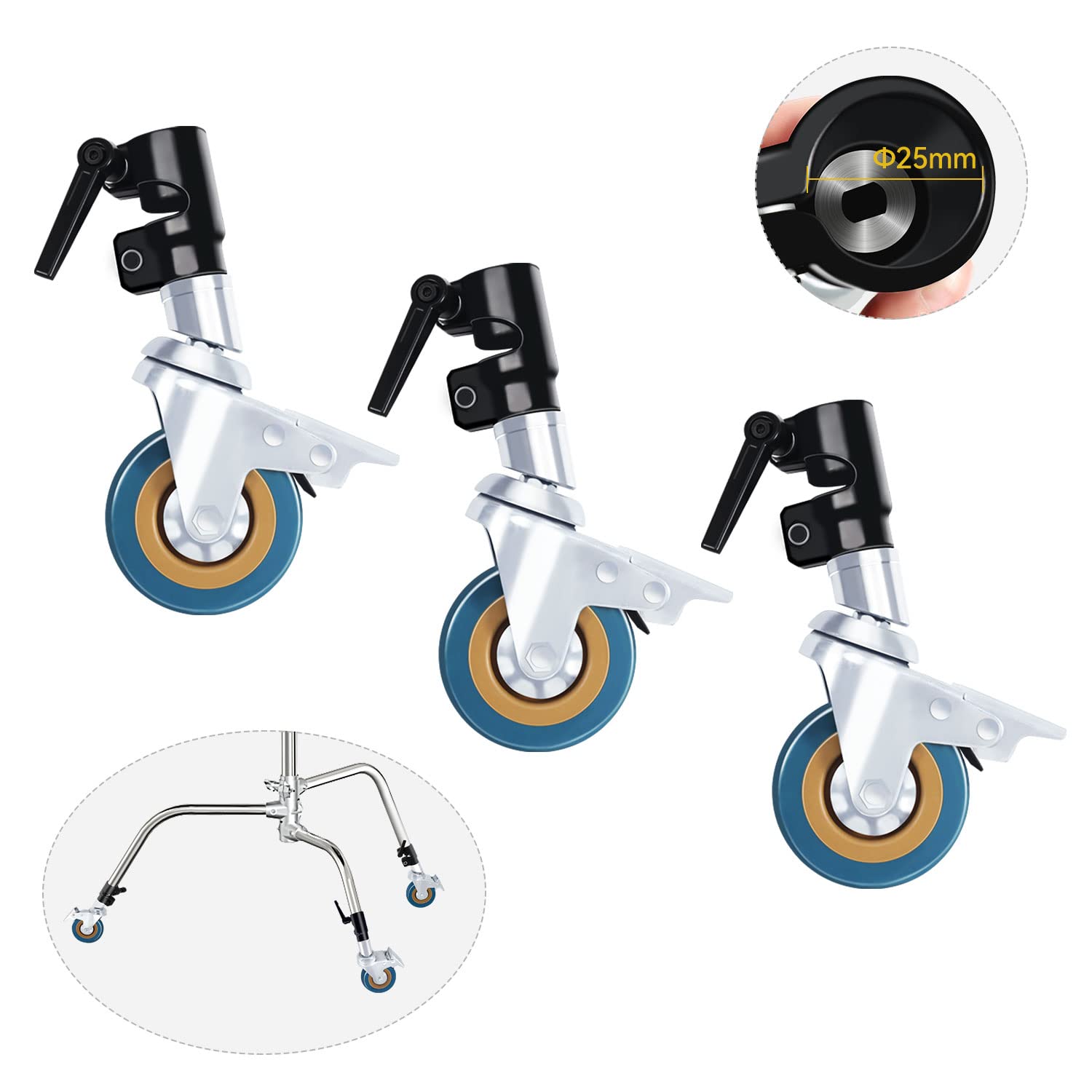 Takerers Photography C Stand Wheels 25Mm: Heavy Duty C Stand With Boom Arm Wheel Base, Compatible With Takerers/Neewer And Other 25Mm C Stand Legs For Carpet & Hard/Bare/Hardwood/Marble Floors - 3 Pack