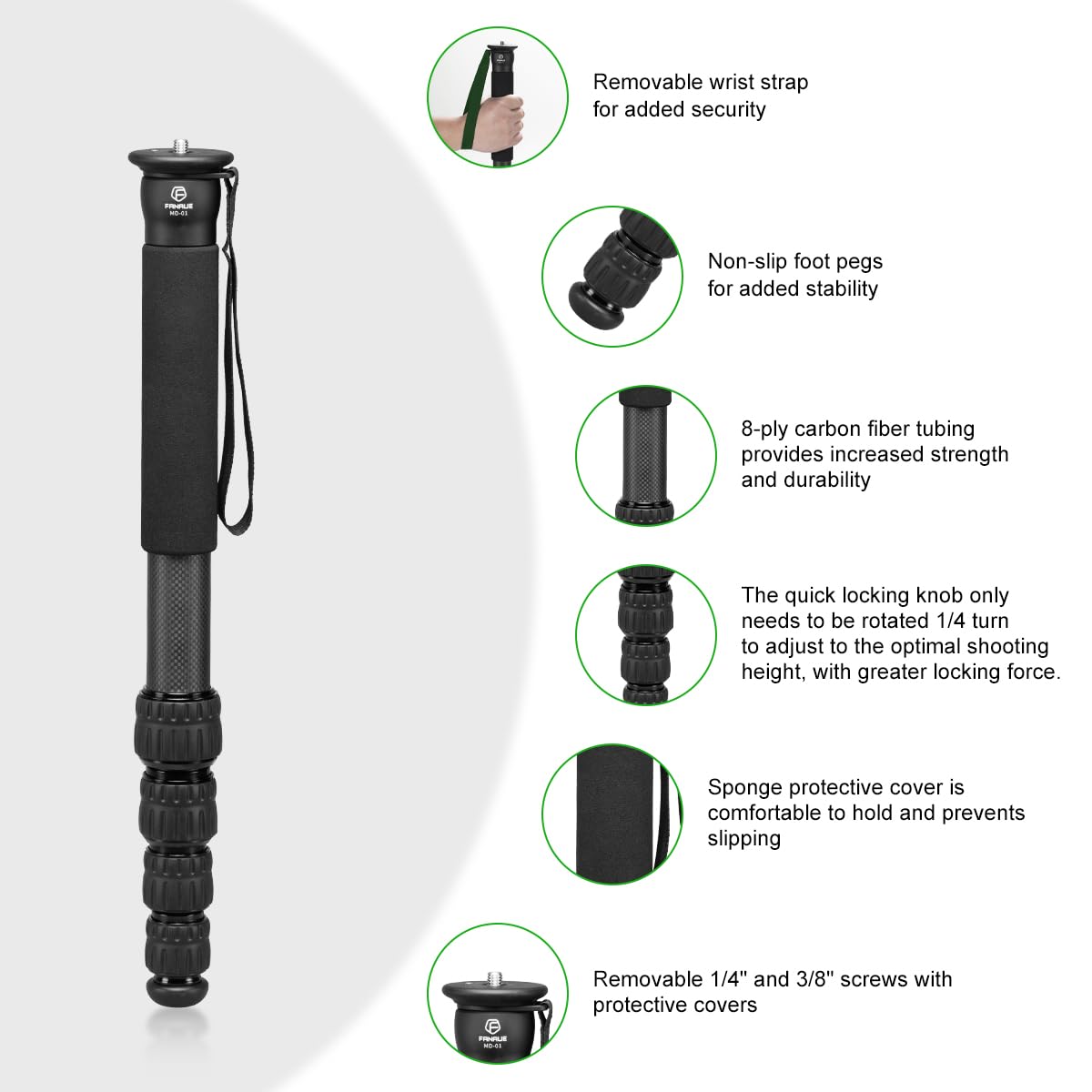 Fanaue Md-01 Camera Monopod Stand With 1/4"-20 And 3/8"-16 Threads, Carbon Fiber Monopod For Canon Nikon Sony And Dslr Cameras, Lightweight Travel Tripod Load 10Kg/22Lbs, Great For Outdoor Photography