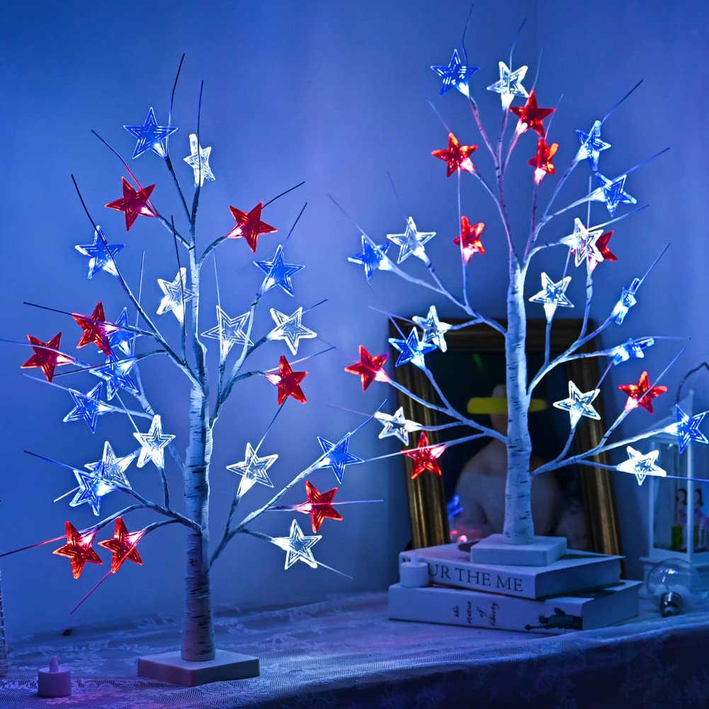 Snokip 4Th Of July Decorations, Birch Table Lamp Flag Star Tree Lights, 24”Independence Day Table Lamp For Home, Bedroom Room Office Decoration, 2 Pack, 24 Inch