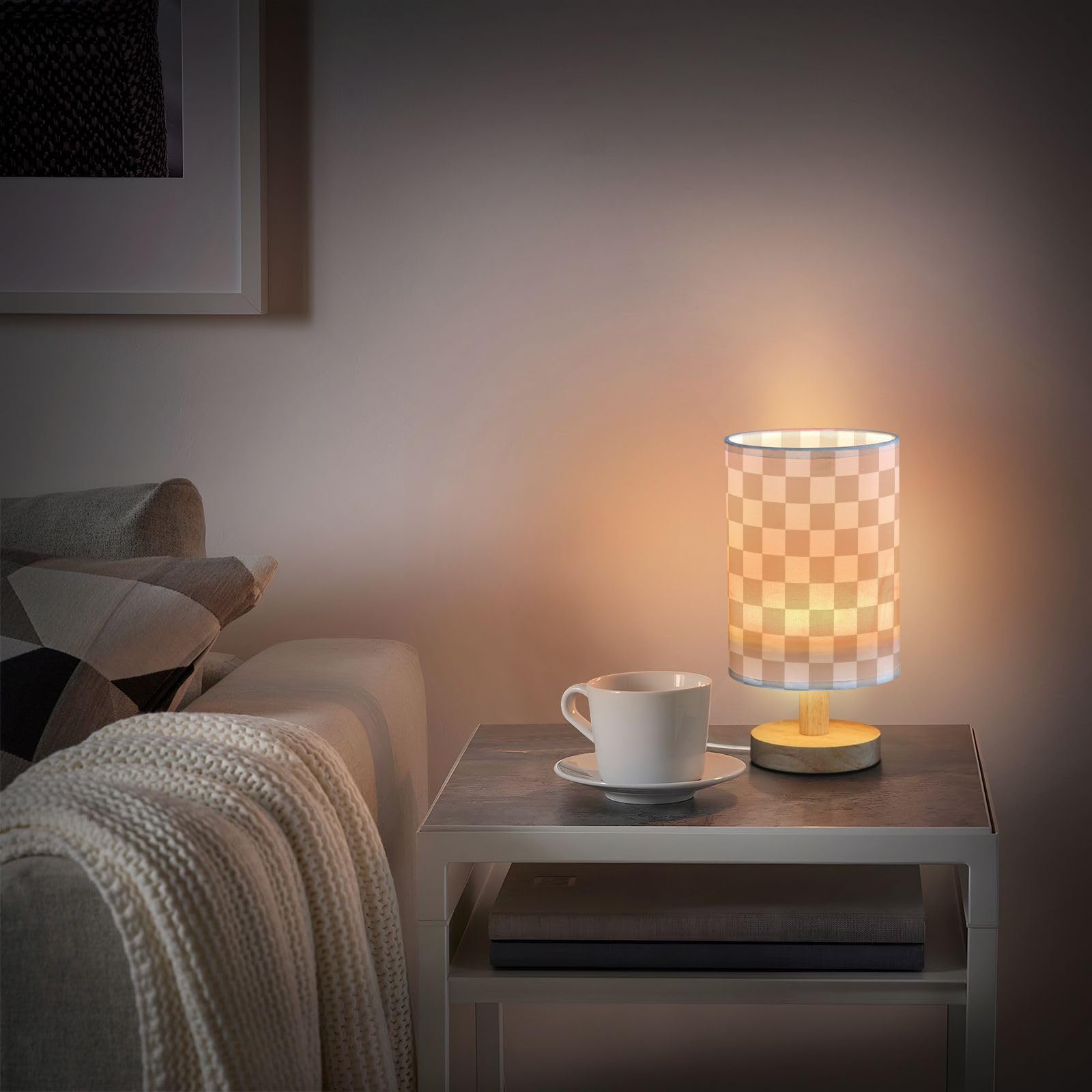 Wevibofu Table Lamp Brown White Checkered Nightstand Lamp With Wood Base Led Bedside Shade Desk Lamp For Bedroom Living Room Dorm Office Decor