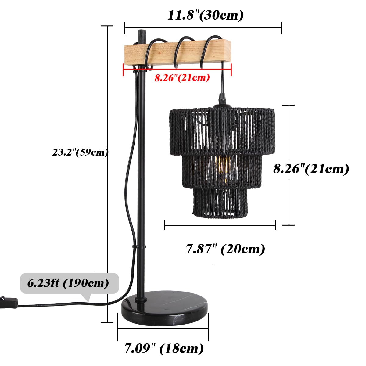 Masivel Rattan Table Lamp, Boho Wicker Table Lamps, Wood Bedside Desk Lamps For Bedroom Living Room Office Nightstand, E26, Black