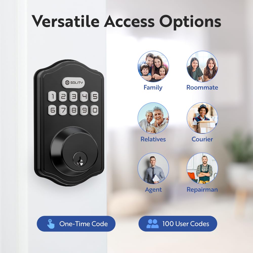 Solity Smart Digital Electronic Deadbolt Door Lock, Keyless Entry, Auto Lock, 100 Custom Codes, Easy Installation, Keypad For Front & Back Door, Residential & Commercial, At1, Matte Black
