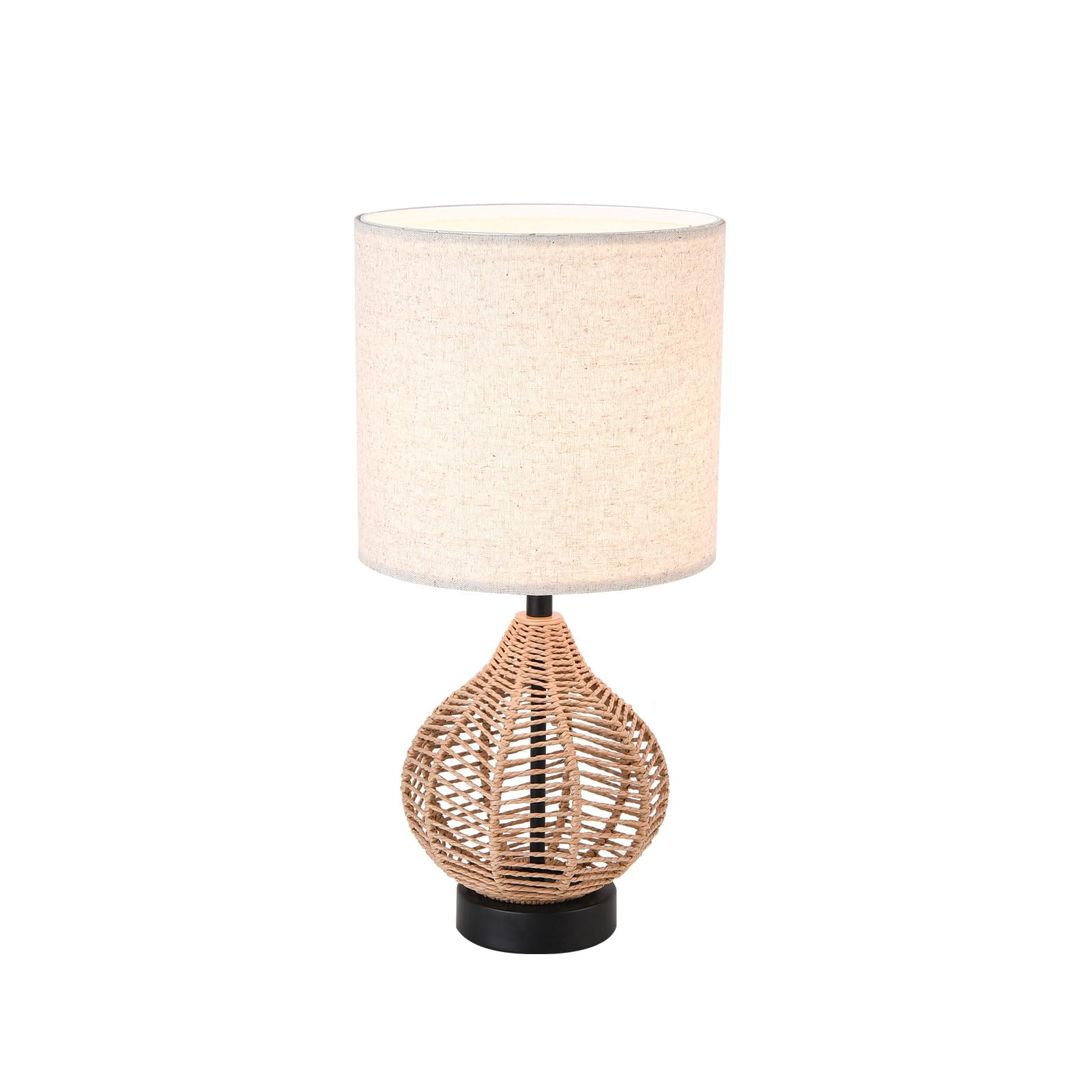 Kunjoulam Retro Rattan Table Lamp, Small Nightstand Lamp With Linen Fabric Lampshade, Wicker Bedside Lamp For Bedroom Living Room Home Office Decor