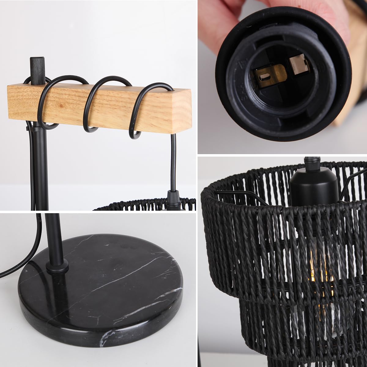 Masivel Rattan Table Lamp, Boho Wicker Table Lamps, Wood Bedside Desk Lamps For Bedroom Living Room Office Nightstand, E26, Black