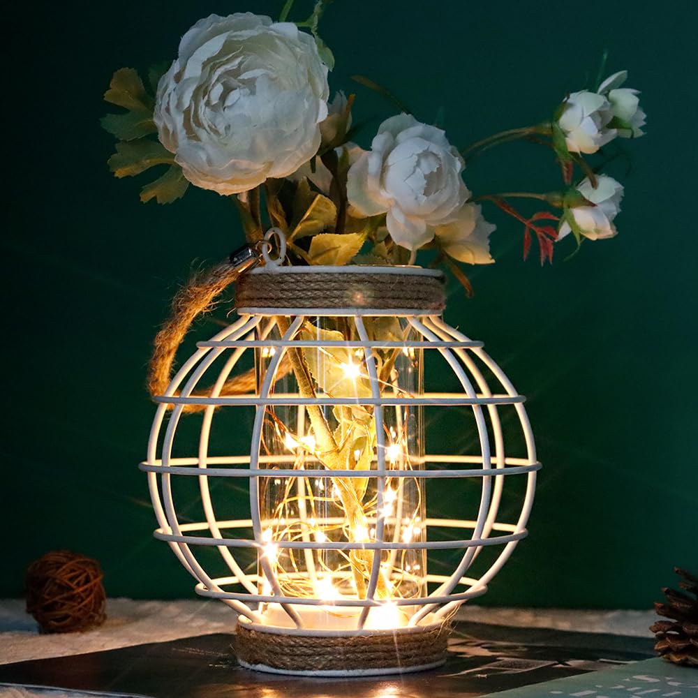 Jhy Design Metal Cage Led Lantern Battery Powered,7.3" Tall Cordless Accent Light With 20Pcs Fairy Lights.Great For Weddings, Parties, Patio, Events For Indoors/Outdoors(White)