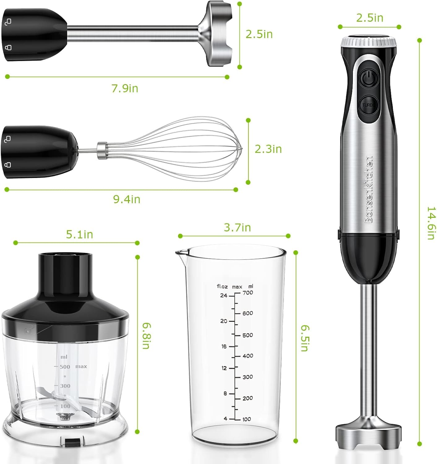 Bonsenkitchen Immersion Blender, 20 Variable Speeds & Turbo, 4-In-1 Stainless Steel Handheld Blender Stick, Egg Whisk, Perfect For Soups, Baby Food, Easy Clean, Versatile Kitchen Tool