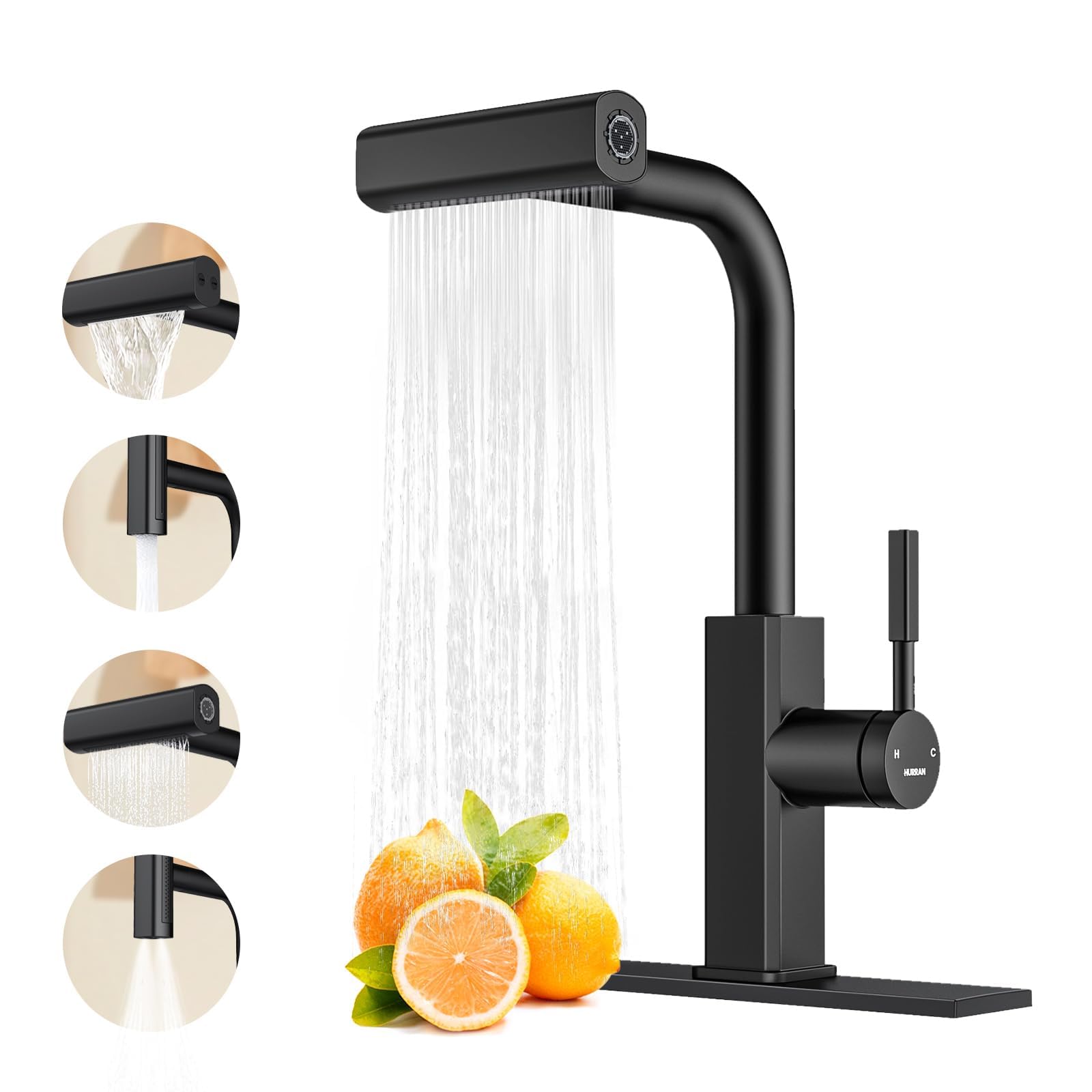 Hurran Waterfall Kitchen Faucet With Pull Down Sprayer,Stainless Steel Kitchen Sink Faucet With 4 Modes(Sweep/Stream/Waterfall/Sprayer),360° Swivel Modern Faucet For Kitchen Sink, Matte Black