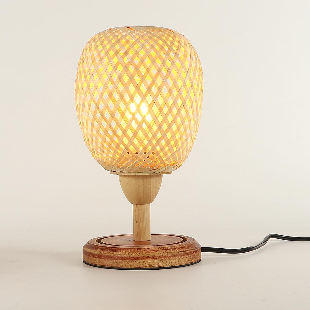 Vintopsh Bamboo Rattan Table Lamp,Boho Farmhouse Bedside Desk Light Fitting For Bedroom Living Room Desk Kids Room