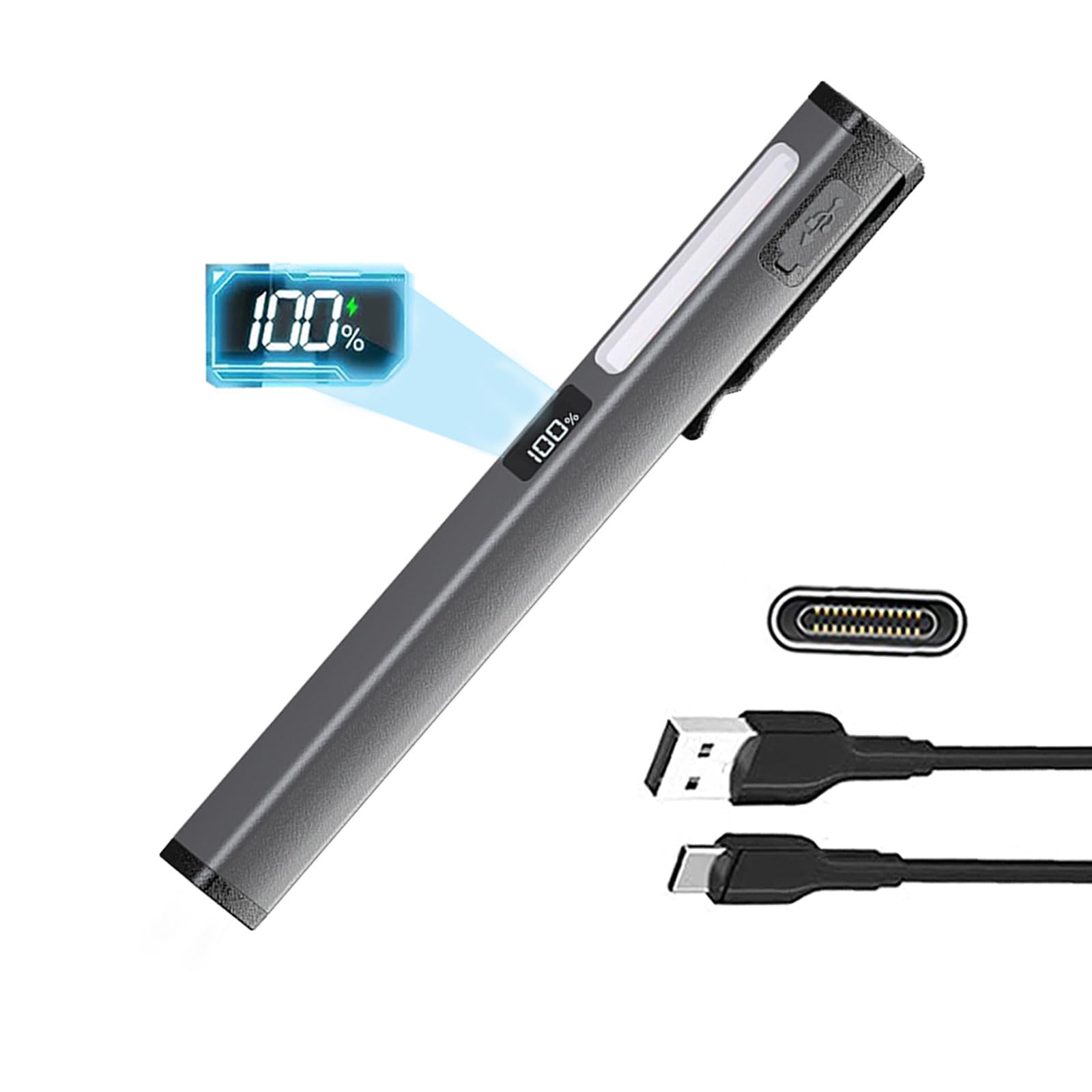 Tileon Rechargeable Pen Flashlight With 6 Modes & Power Display,Type-C Charging Led Pen Light With Cob Light,Portable Pocket Flashlight For Camping, Emergency, Home (Gray)