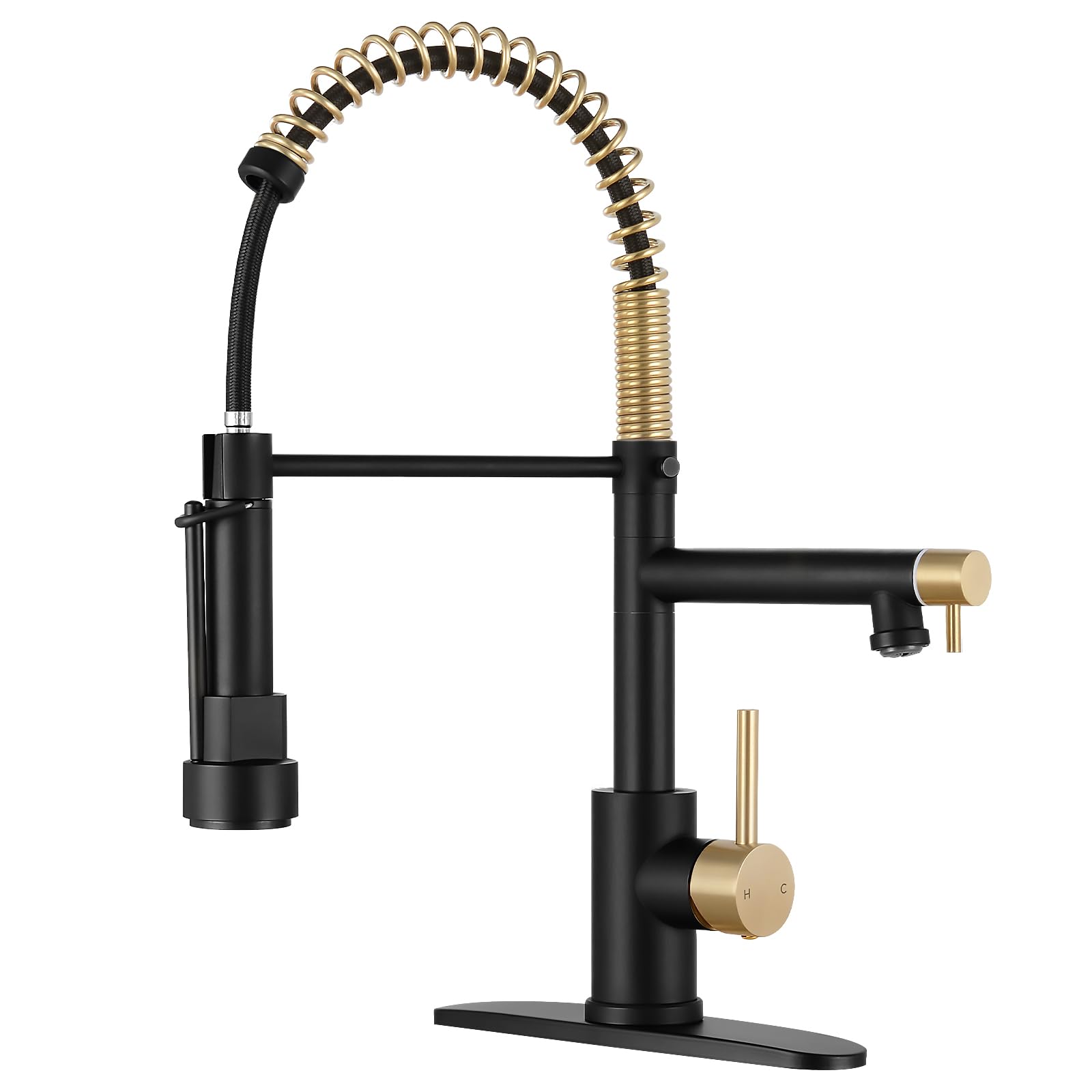 Fgkq Kitchen Faucets With Pull Down Sprayer,Kitchen Faucet Single Handle, Commercial Double-Head Faucet For Kitchen Sink Stainless Steel, Kitchen Sink Faucet With Deck Plate, Black And Gold