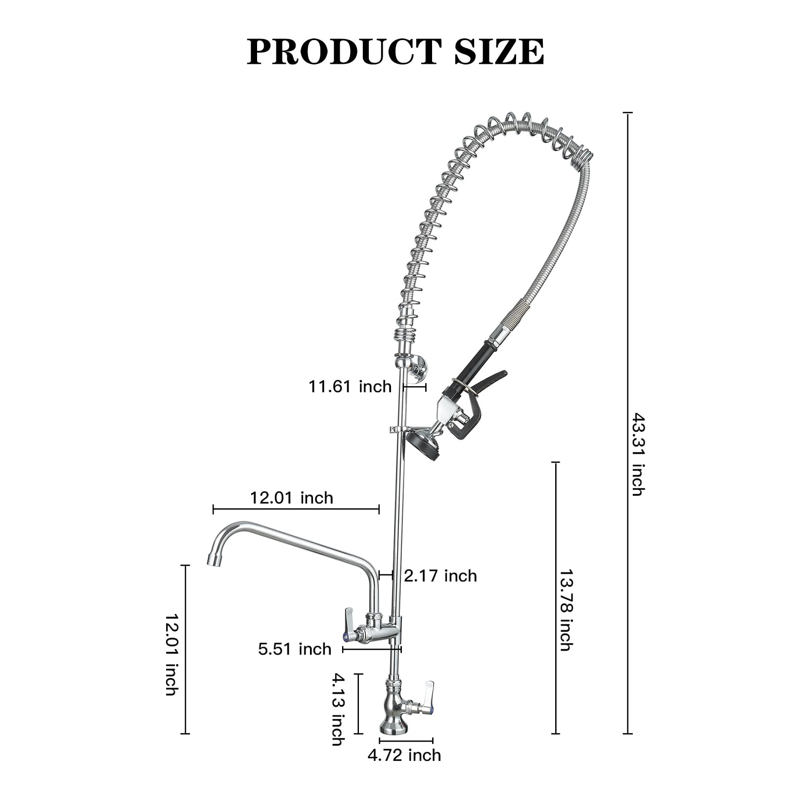 Bathfinesse Commercial Sink Faucet With Sprayer 43" Height Deck Mount 1 Hole Single Handle Coiled Spring Pull Down Spray Pre Rinse Restaurant Kitchen Faucet With High Pressure Spray Valve