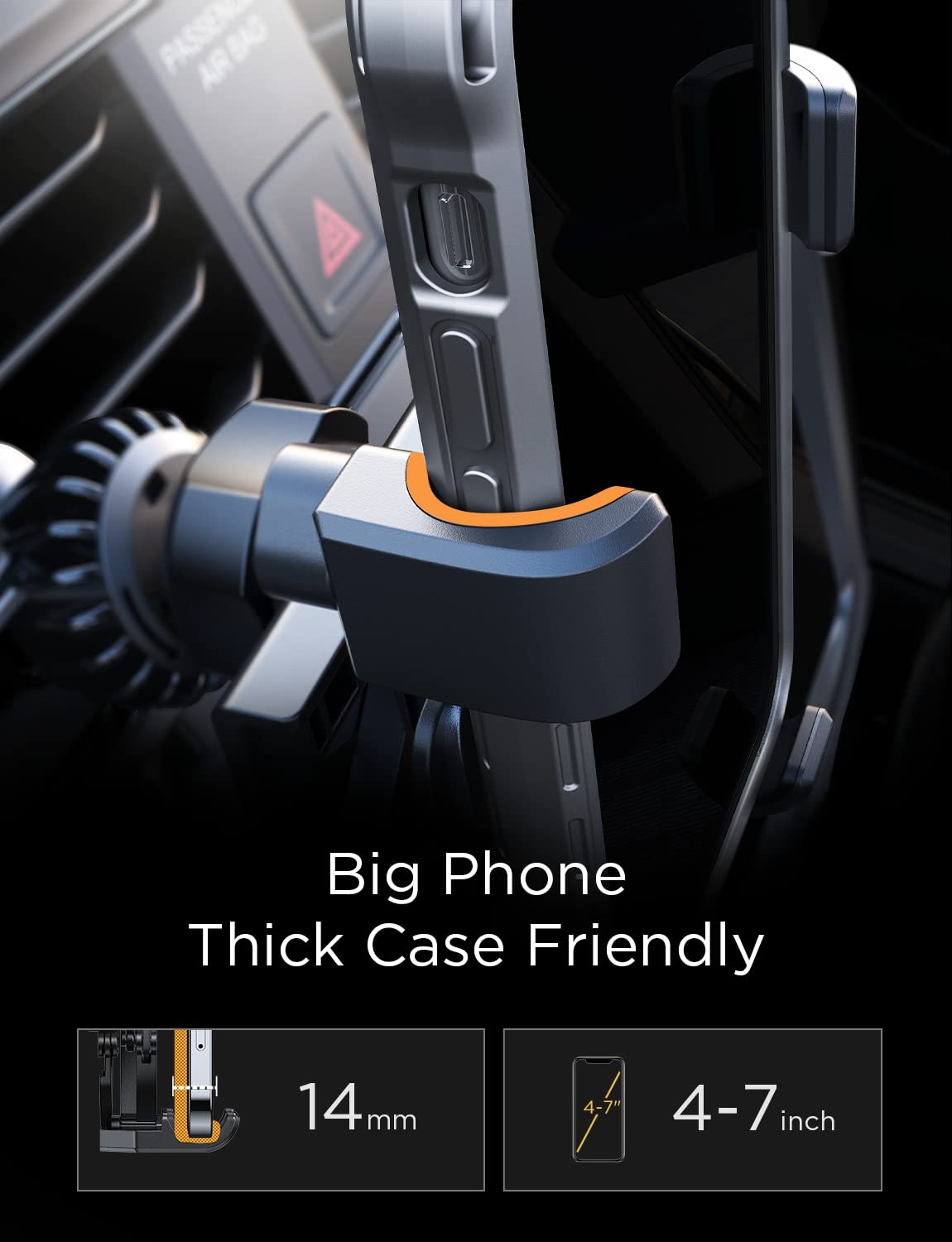 Ainope Car Phone Holder Mount  Gravity Phone Mount Holder For Car Vent With Extention&Short Air Vent Clip Never Blocking Cell Phone Holder Compatible With Iphone 16 Pro Max 15 14 13 More, Black