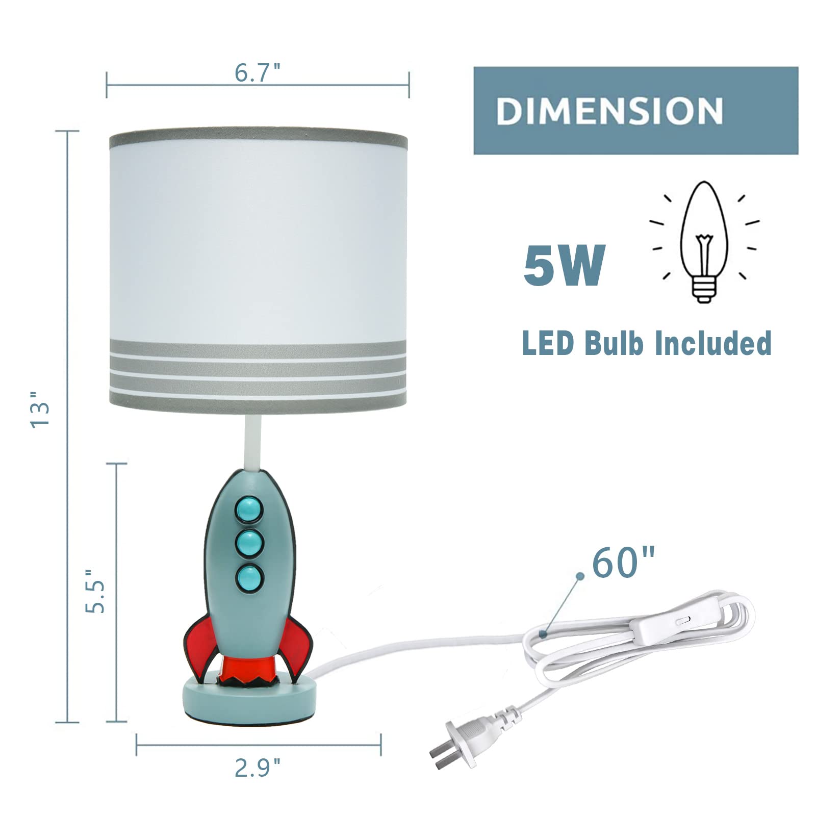 Herbestbay Kids Bedside Table Lamp, Adorable 14 Inch Rocket Ship Design With Cute Lampshade, Space Lamp Ideal For Children'S Bedroom Decor, Includes Led Bulb