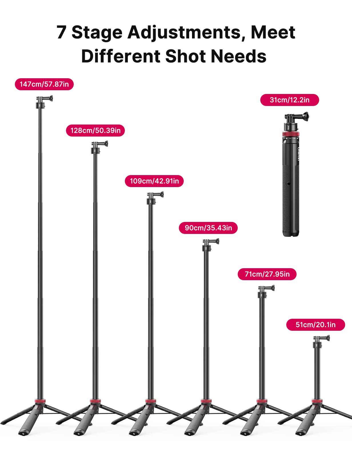 Ulanzi Select 57In Extendable Selfie Tripod Accessories For Action Cameras - Ulanzi Go Quick Ii Long Action Camera Stick Tripod Quick Release Adapter Vlog Handle Grip For Action Cameras