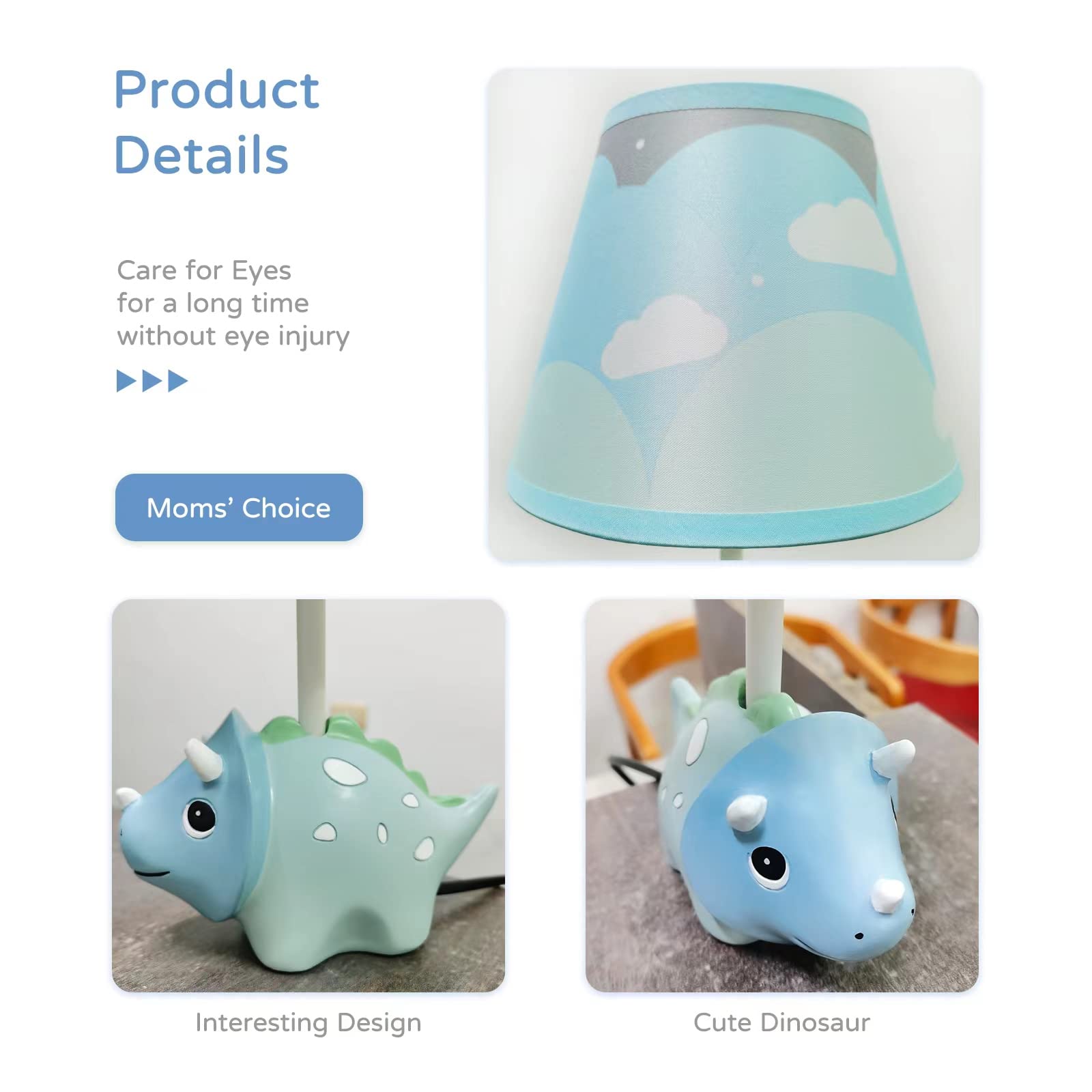 Herbestbay Kids Bedside Lamp, Adorable Blue Triceraton Dinosaur Style Kids Table Lamp, 13 Inch Nursery Lamp Ideal For Children'S Bedroom Decor, Includes Led Bulb (Blue Dinosaur)