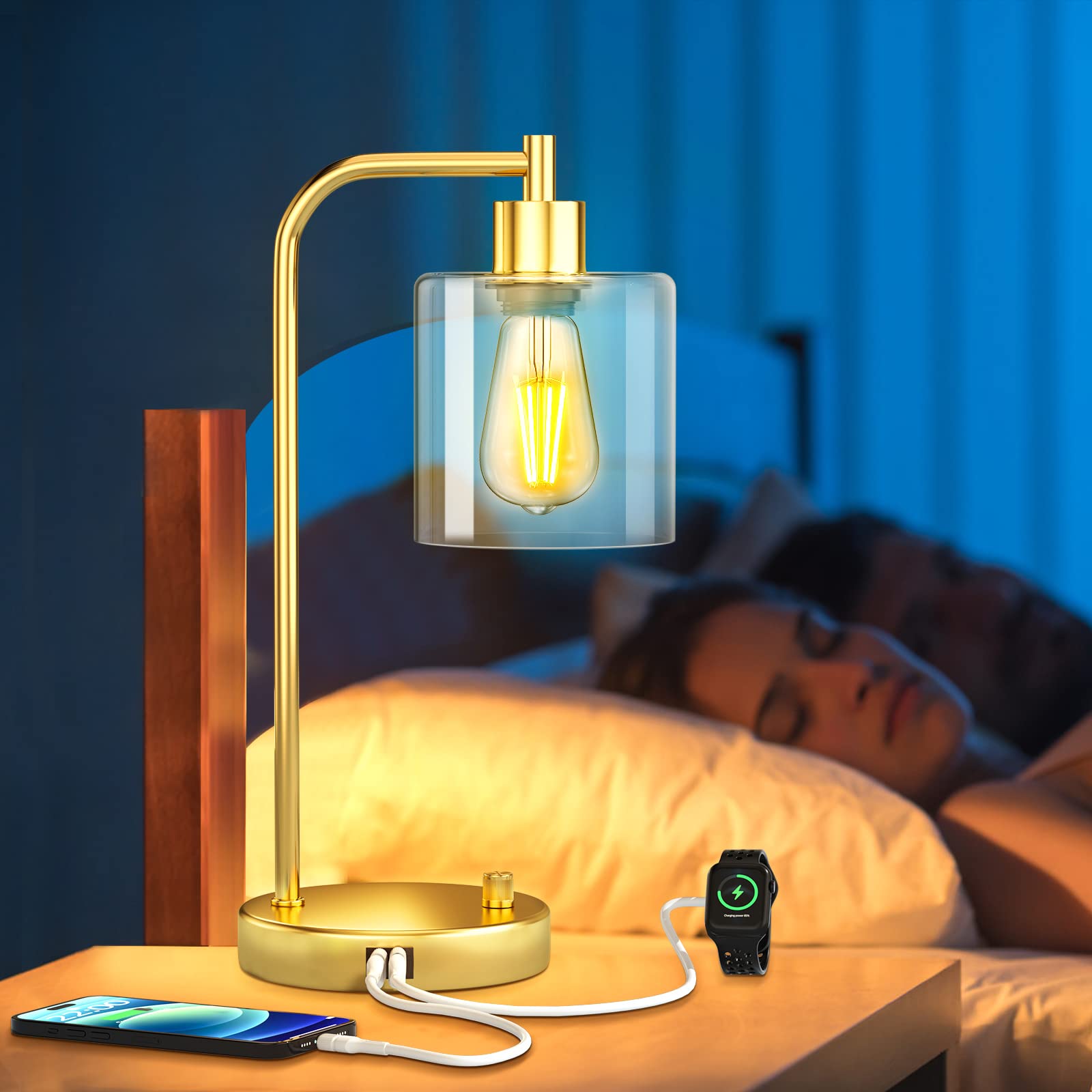 Cnxin 16.5" Gold Industrial Table Lamps For Bedrooms With 2 Usb Ports, Fully Stepless Dimmable Modern Nightstand Lamps Set 2, Small Lamps For Living Room Side Table, Bulbs Included