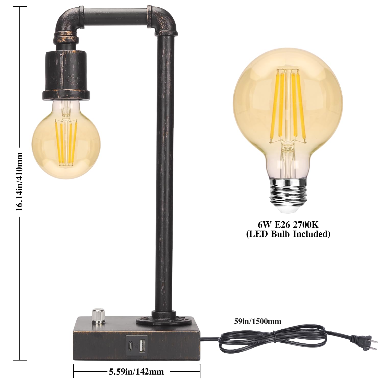 Seaside Village Industrial Table Lamp, Vintage Bedside Lamp With Usb C And Usb A Charging Ports, Dimmable Steampunk Office Lamp Metal Pipe Edison Reading Lamps For Bedroom, Dorm, Farmhouse Decor 6W Led Bulb Included