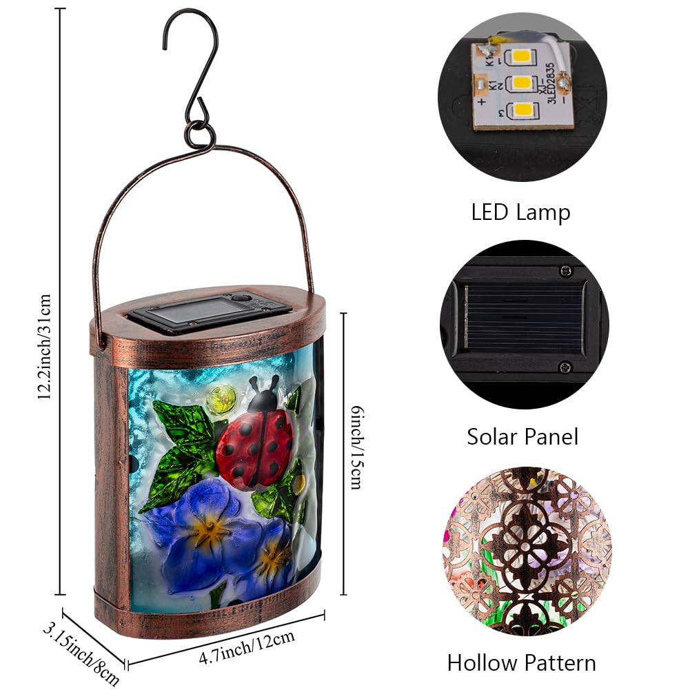Starsoul 2 Pack Hanging Solar Lantern Outdoor Waterproof Glass Ladybug And Flowers Decorative Solar Lights For Outside Garden Yard Table Patio Decor
