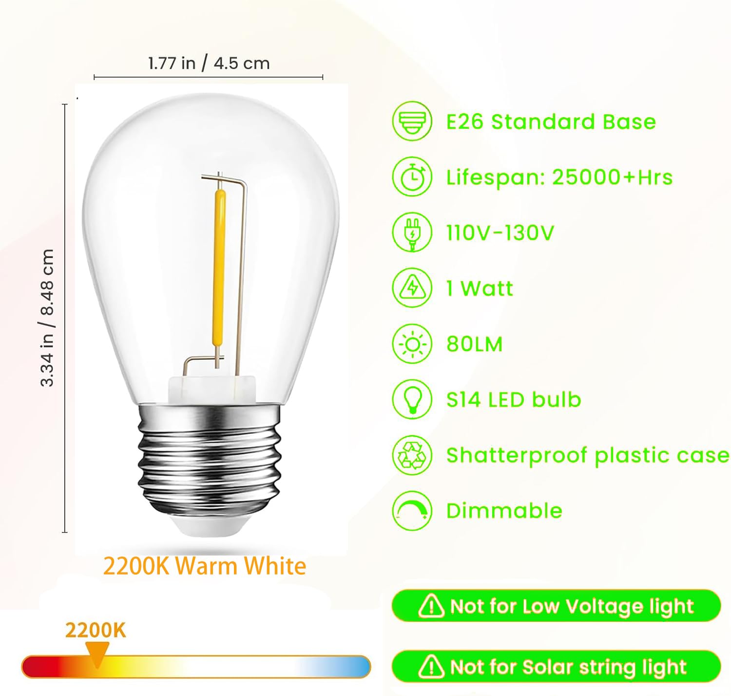 Sducsl 30 Pack Led S14 Replacement Light Bulbs,1 Watt Shatterproof & Waterproof Bulbs For Outdoor String Lights, 2200K Warm White Edison Vintage Style, Equivalent To 11W Incandescent Bulbs, E26 Base